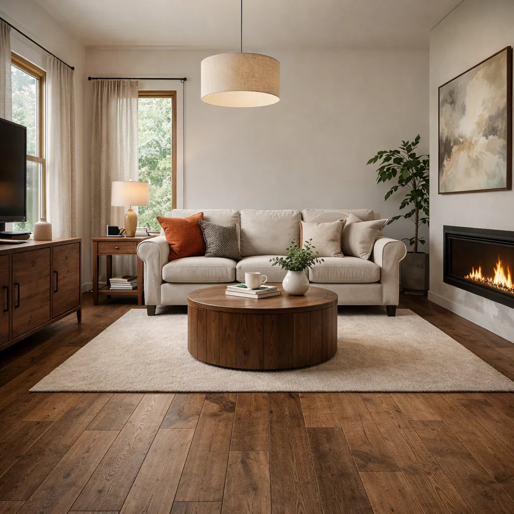 Modern living room with a beige sofa, wooden coffee table, and fireplace.