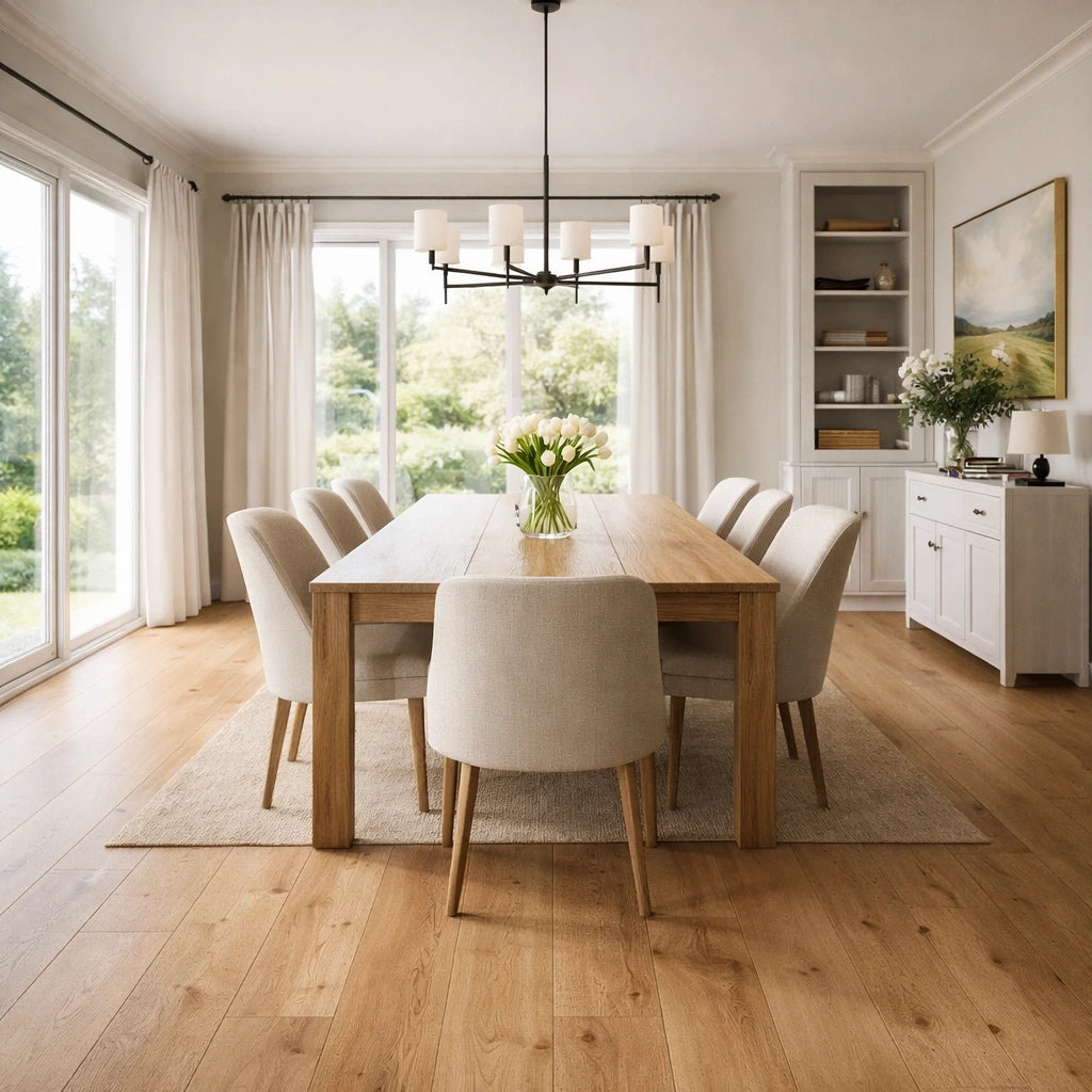 Modern dining room with wooden table and chairs near large windows.