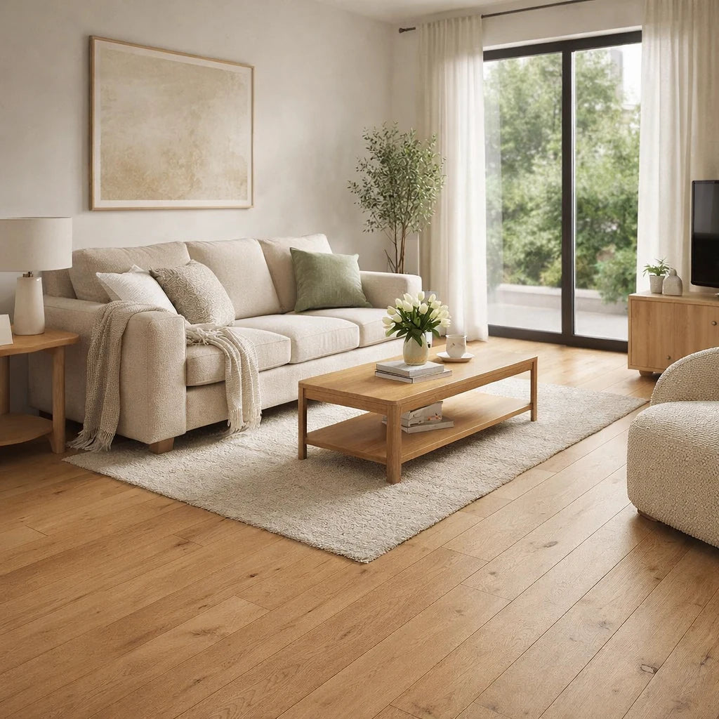 Modern living room with beige sofa, wooden coffee table, and large windows.