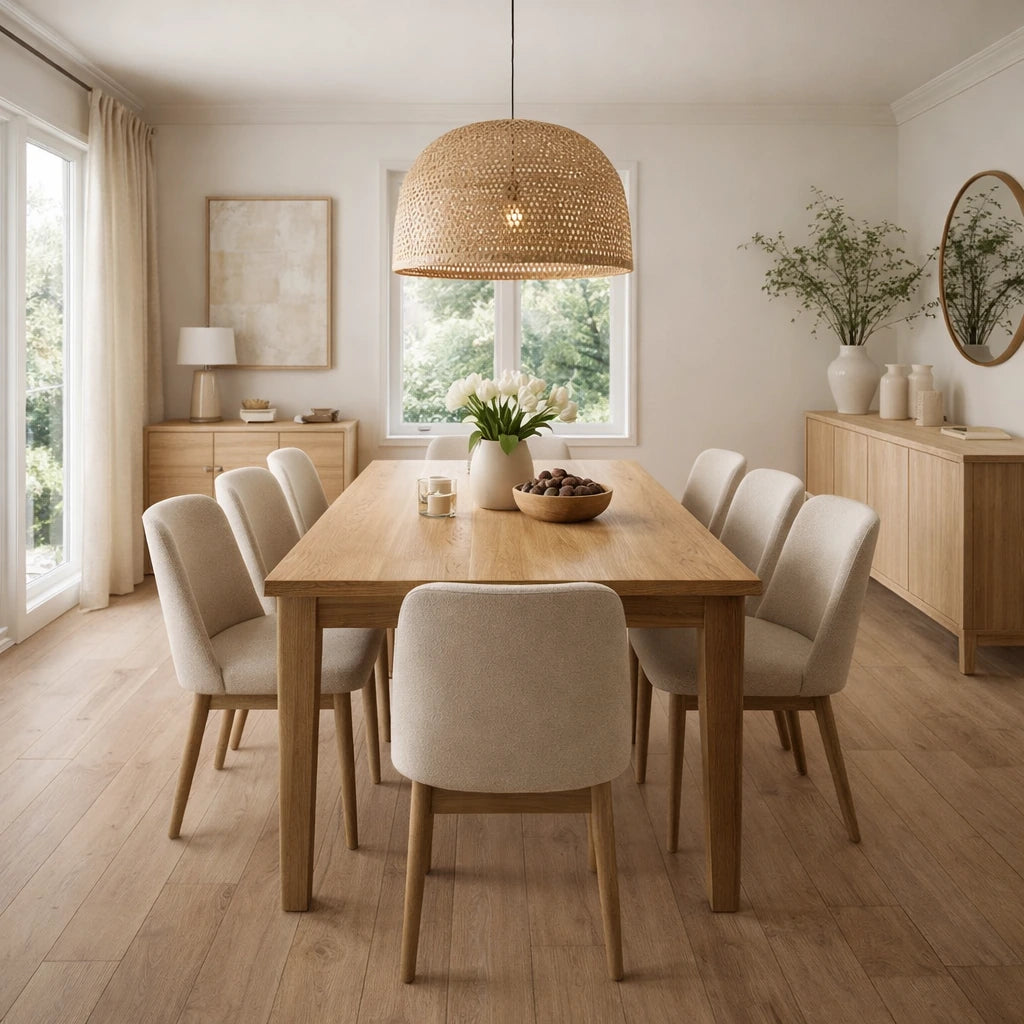 A modern dining room featuring a light oak wood dining table surrounded by eight upholstered dining chairs in a warm beige fabric, under a large woven wicker pendant light.