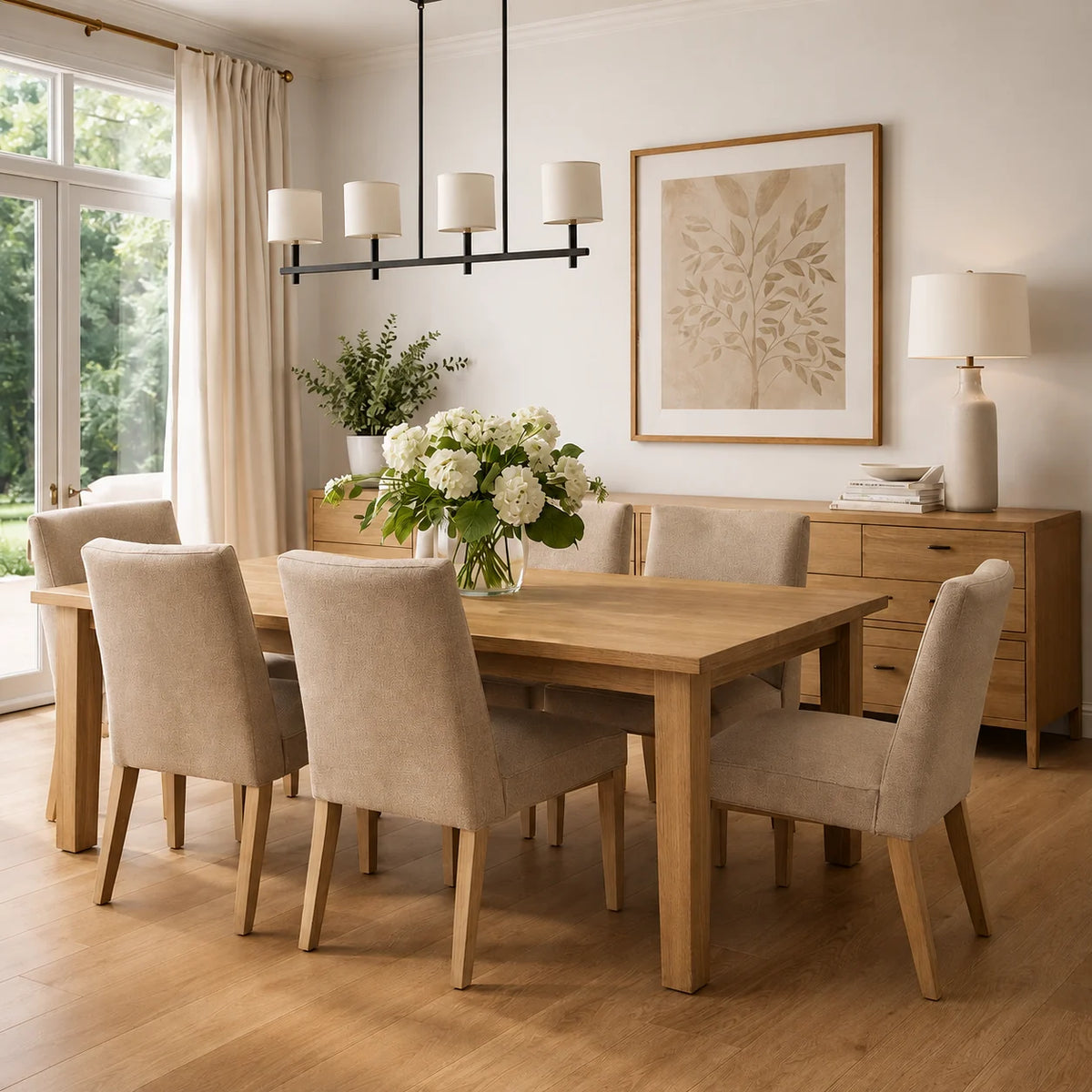 A light oak wood dining table with six upholstered dining chairs in a warm beige fabric, set in a bright, modern dining room with a wooden sideboard, a black multi-light chandelier, and a large framed botanical print on the wall.