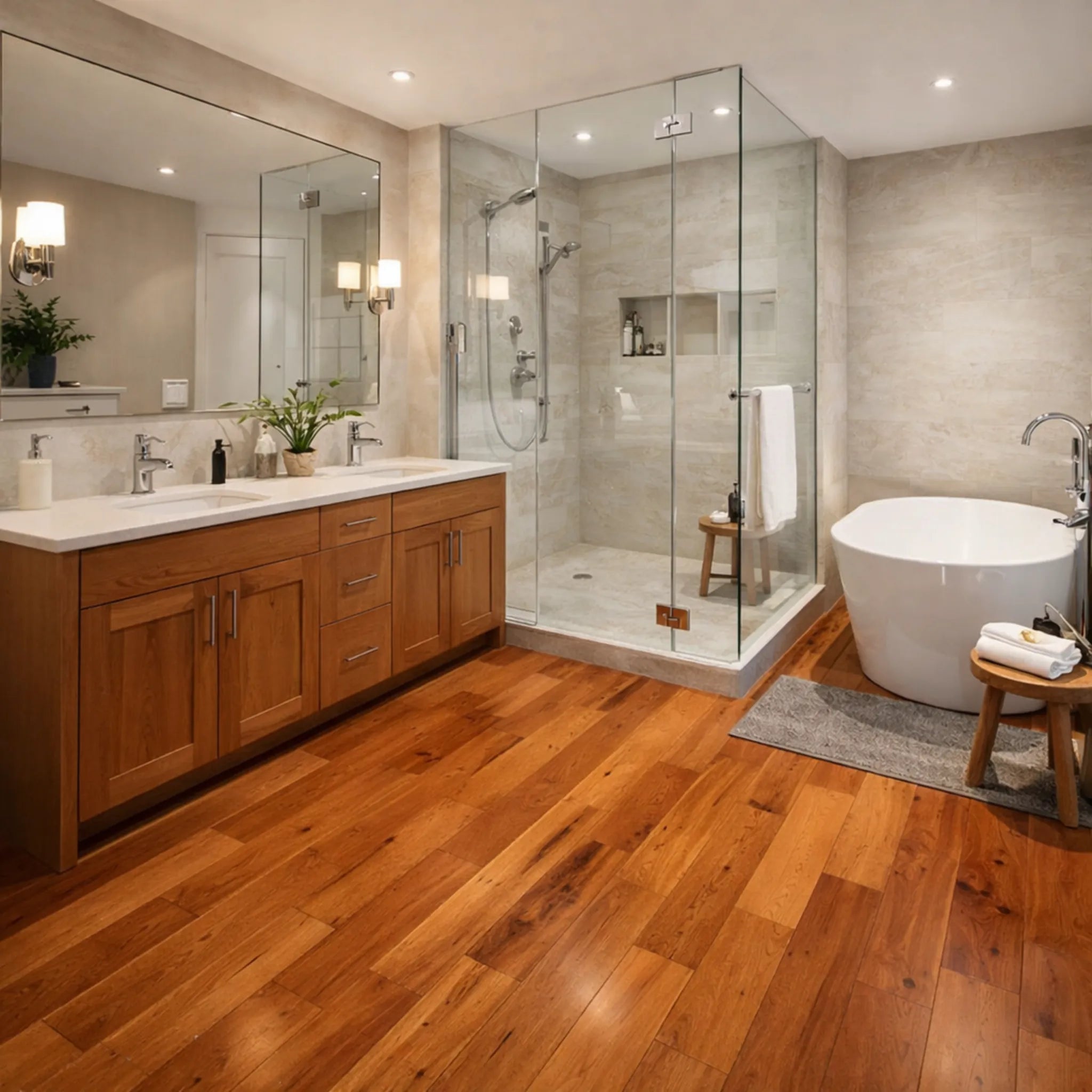 Modern bathroom with wooden floor, glass shower enclosure, and freestanding bathtub.