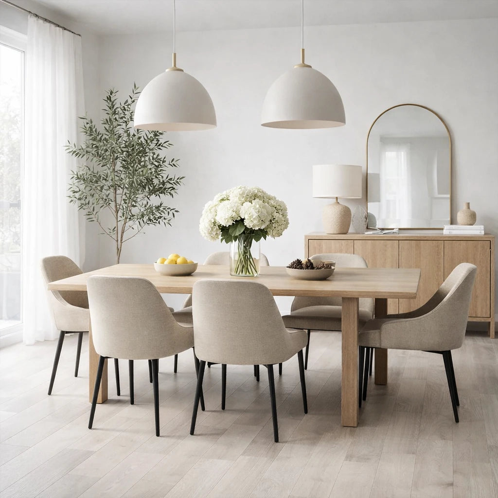 A modern dining room scene featuring a light wood rectangular table surrounded by six upholstered dining chairs in a warm beige fabric. The table is styled with a large white floral centerpiece and bowls of fruit, under two large white dome pendant lights.