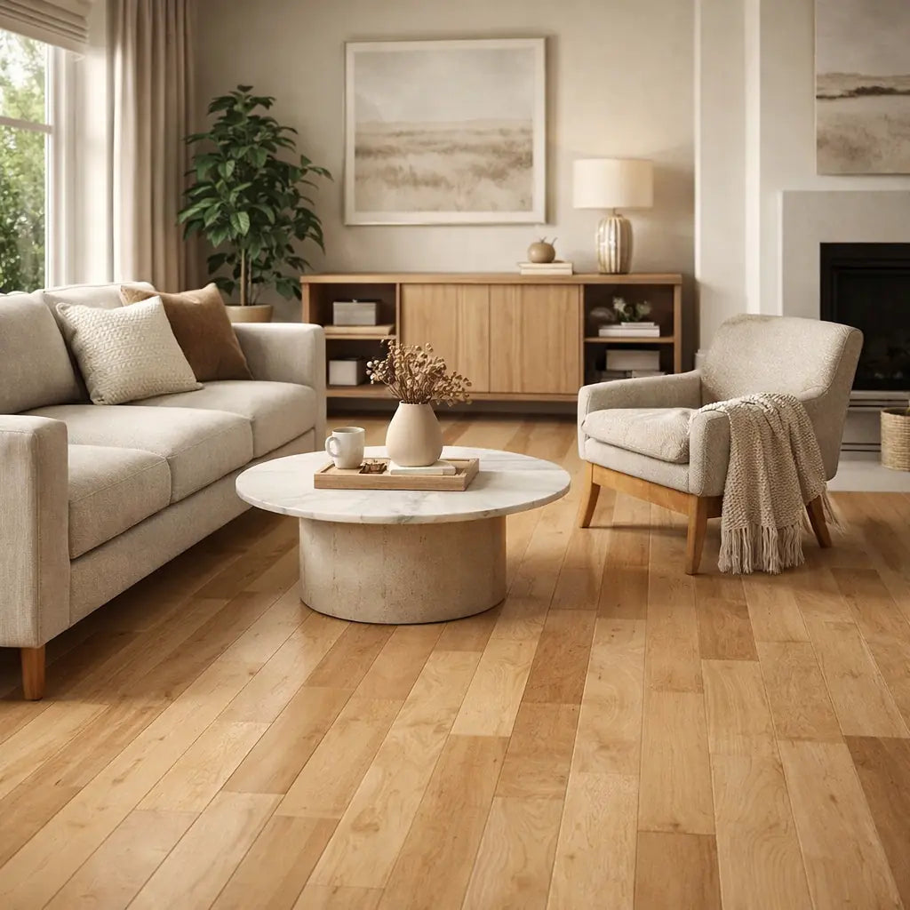 Modern living room with beige sofa, armchair, and coffee table on wooden floor.
