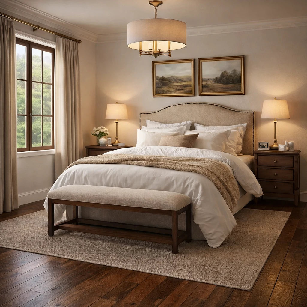 Neatly made bed in a bedroom with wooden floors and large windows.