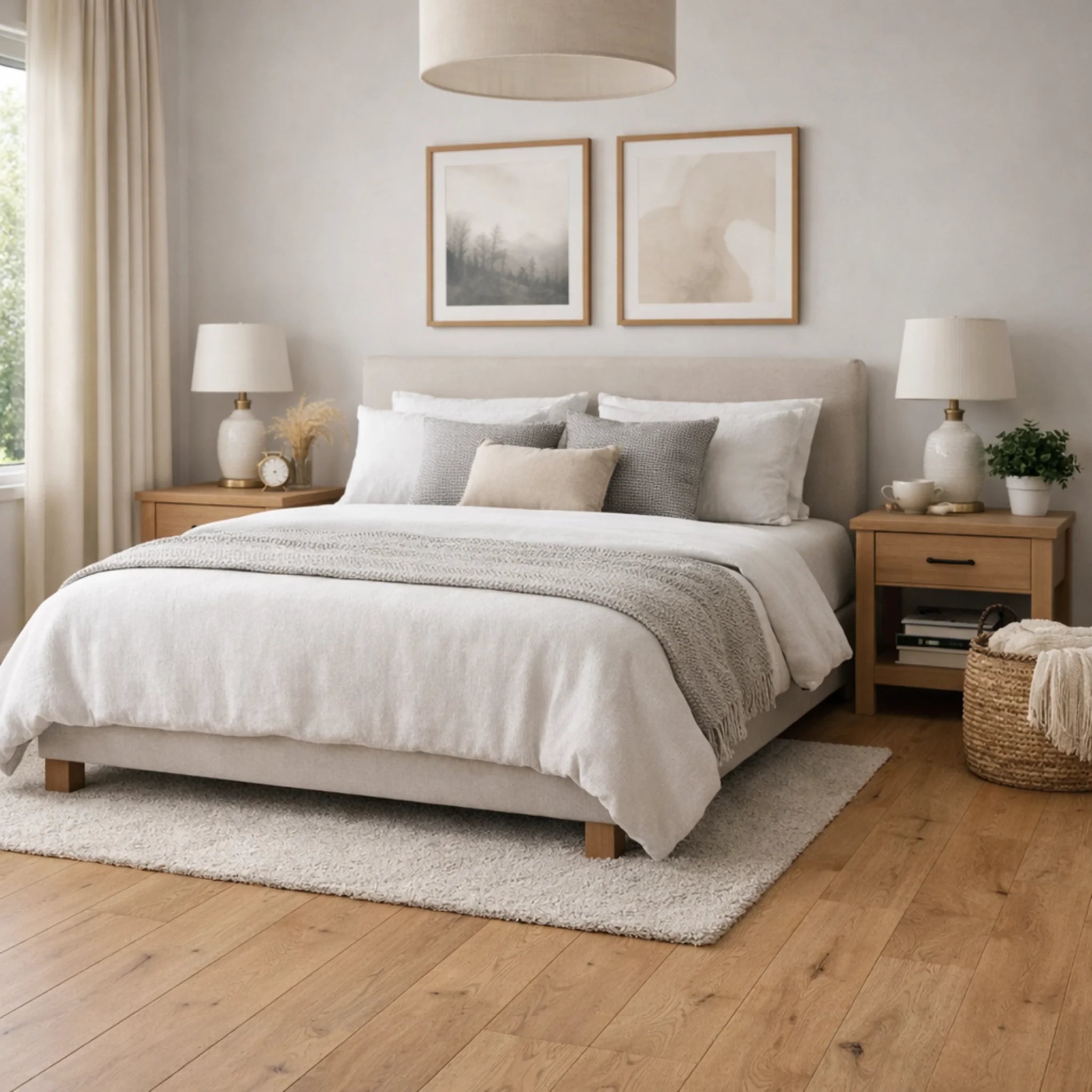 Neatly made bed with light bedding in a bedroom setting.