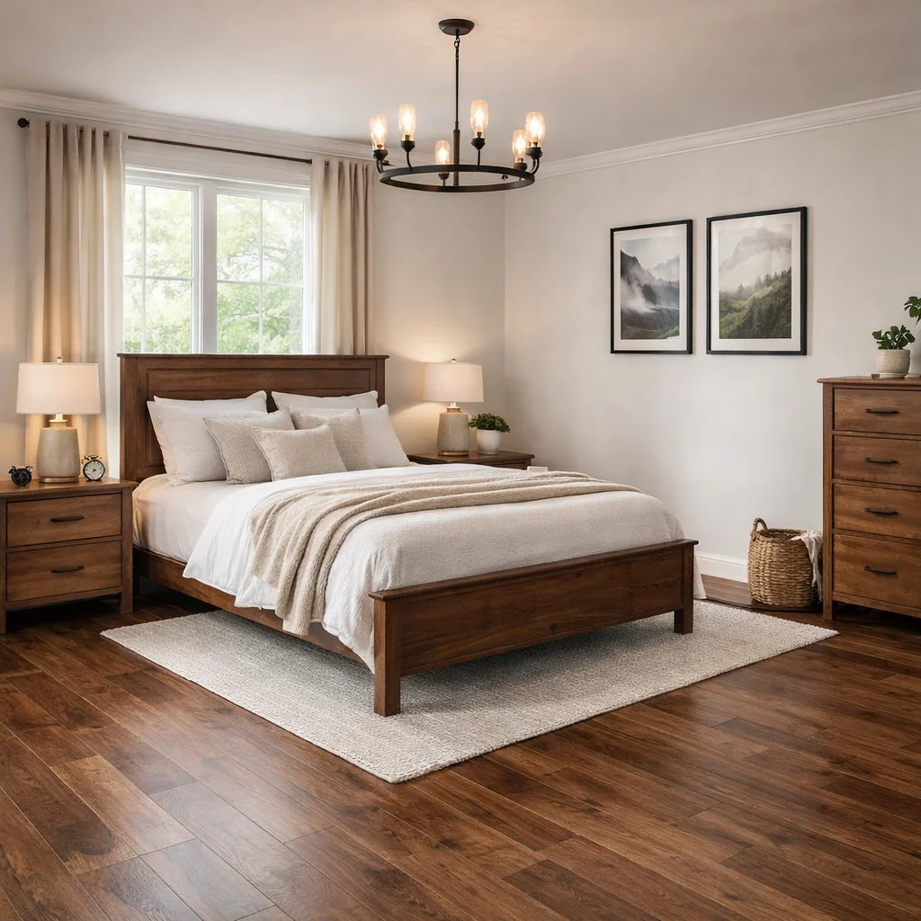Neatly arranged bedroom with wooden furniture and decor