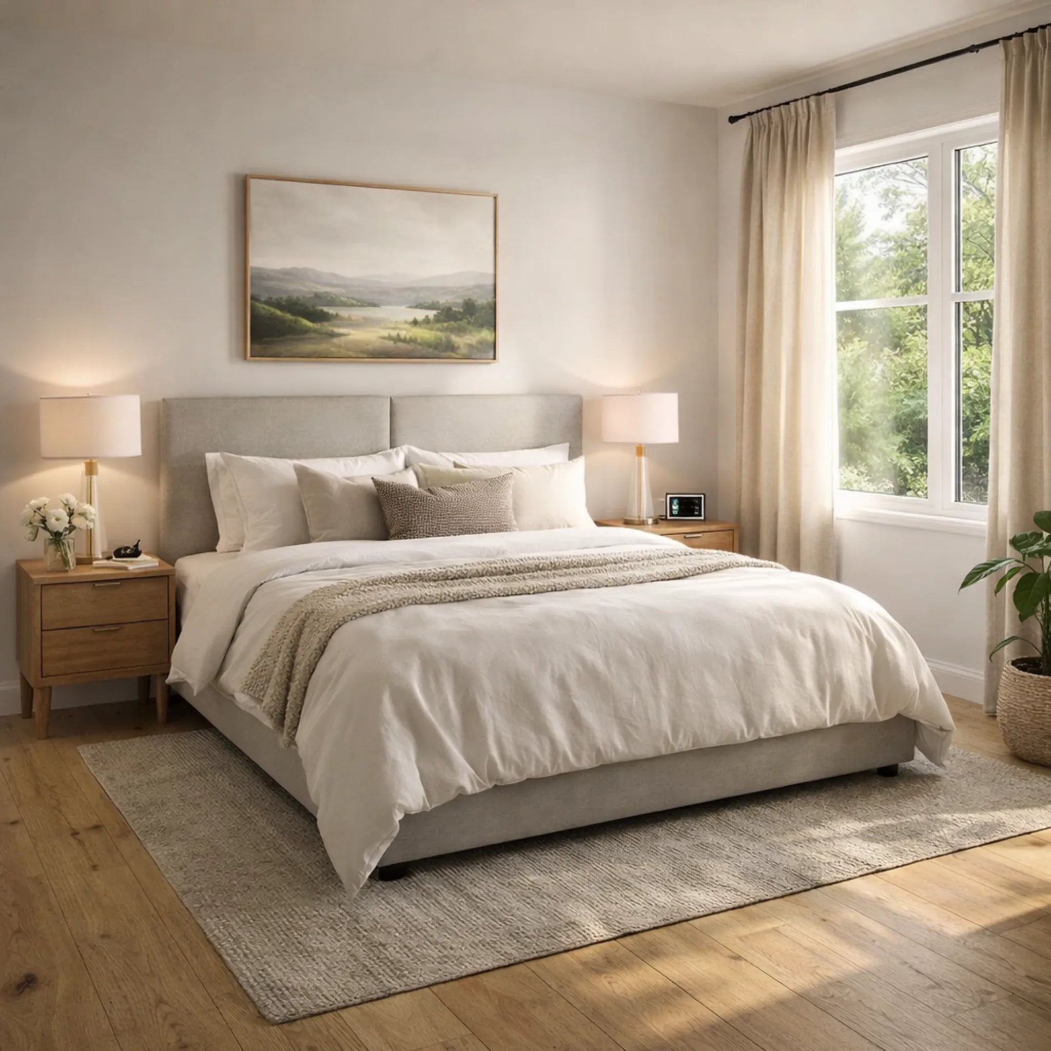Neatly made bed in a well-lit bedroom with wooden floors and large windows.