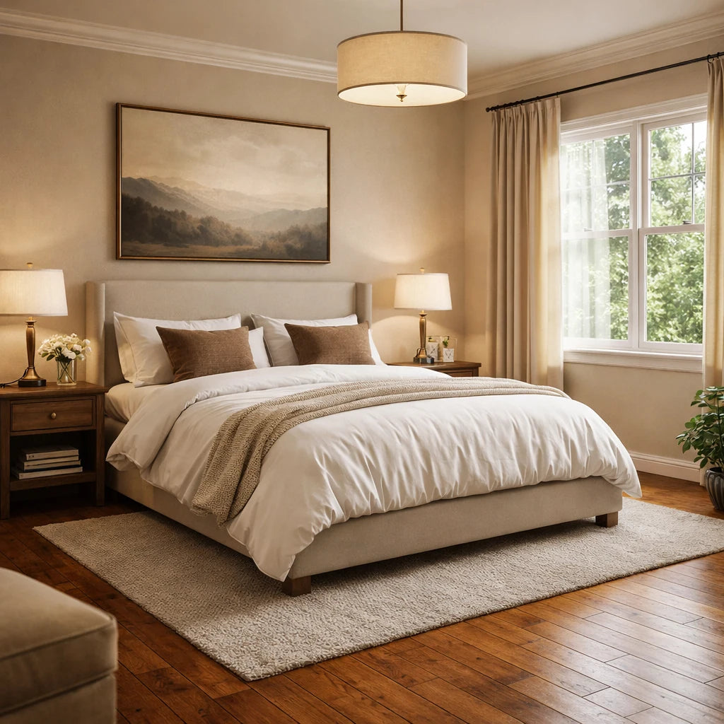Neatly made bed in a bedroom with lamps, artwork, and decor.