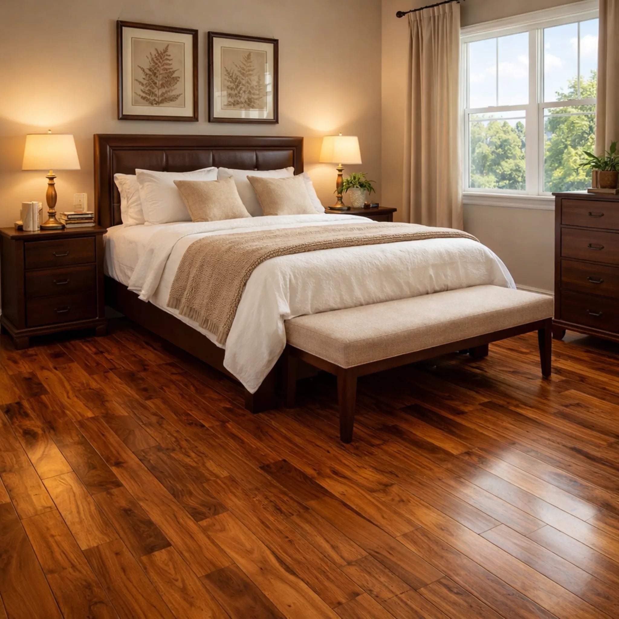 Bedroom with wooden floor, bed, and window