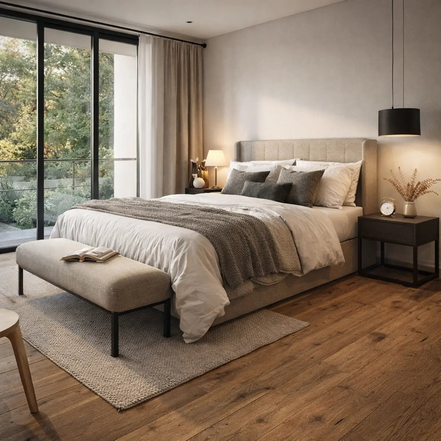 Modern bedroom with a bed, nightstands, and a bench.