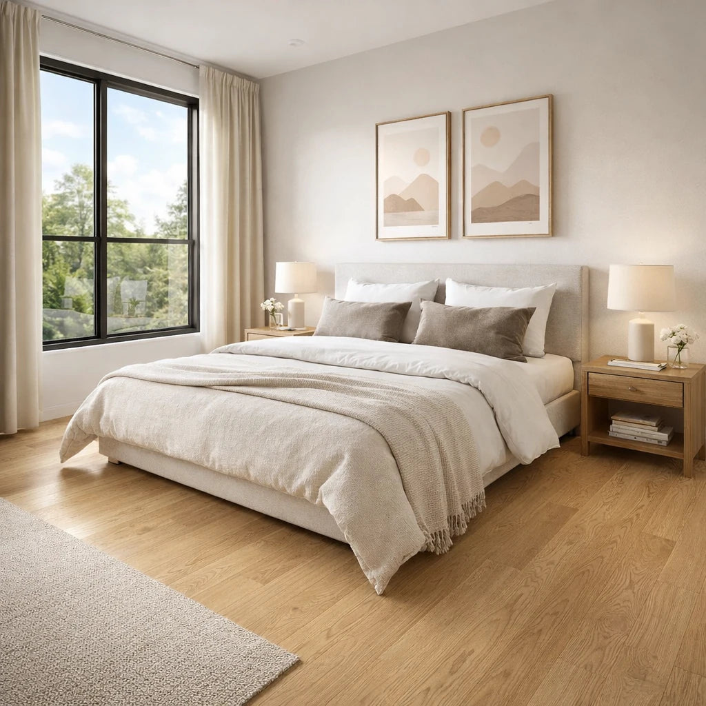 Neatly made bed in a bright bedroom with large windows and decor.
