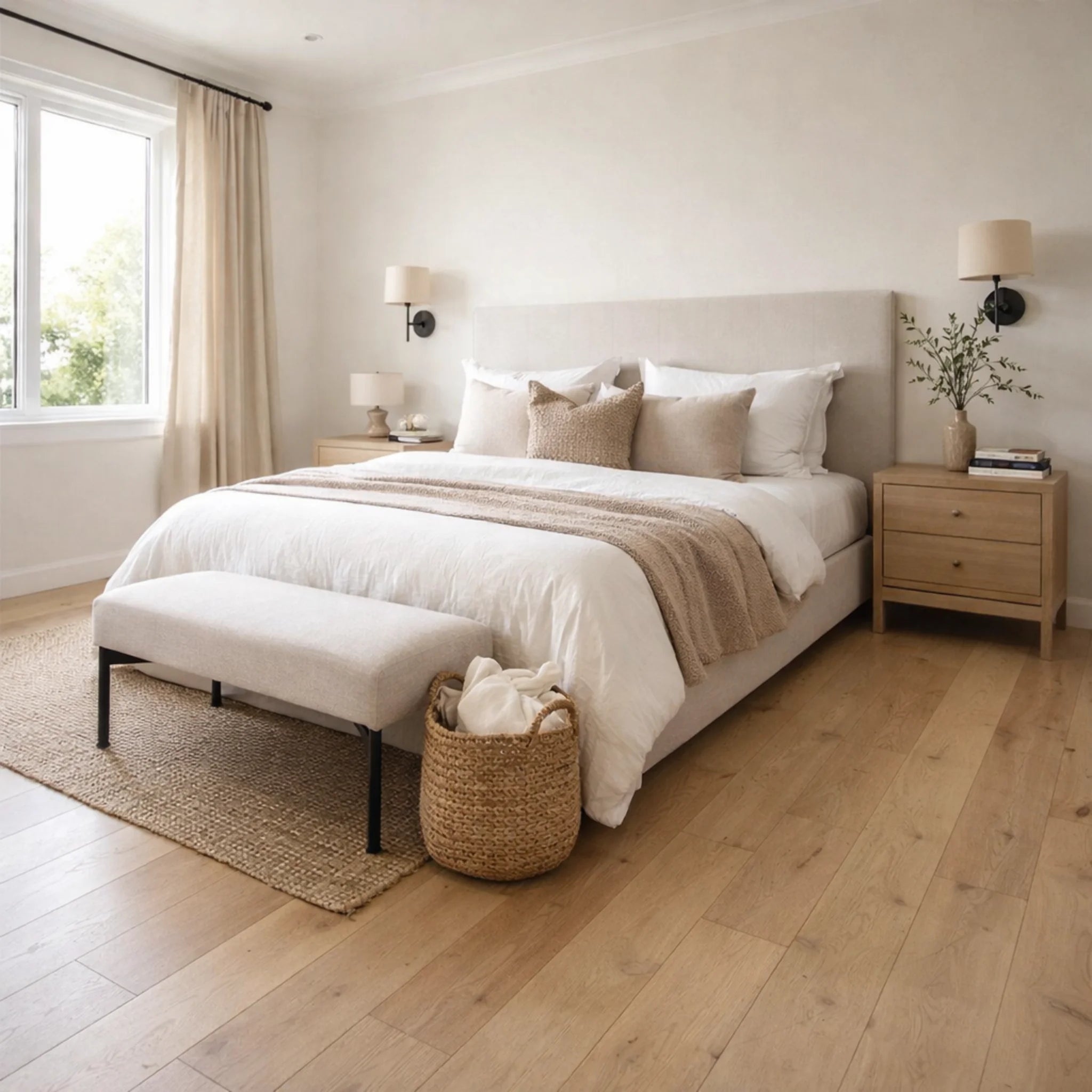 Neatly arranged bedroom with a bed, nightstands, and decor.