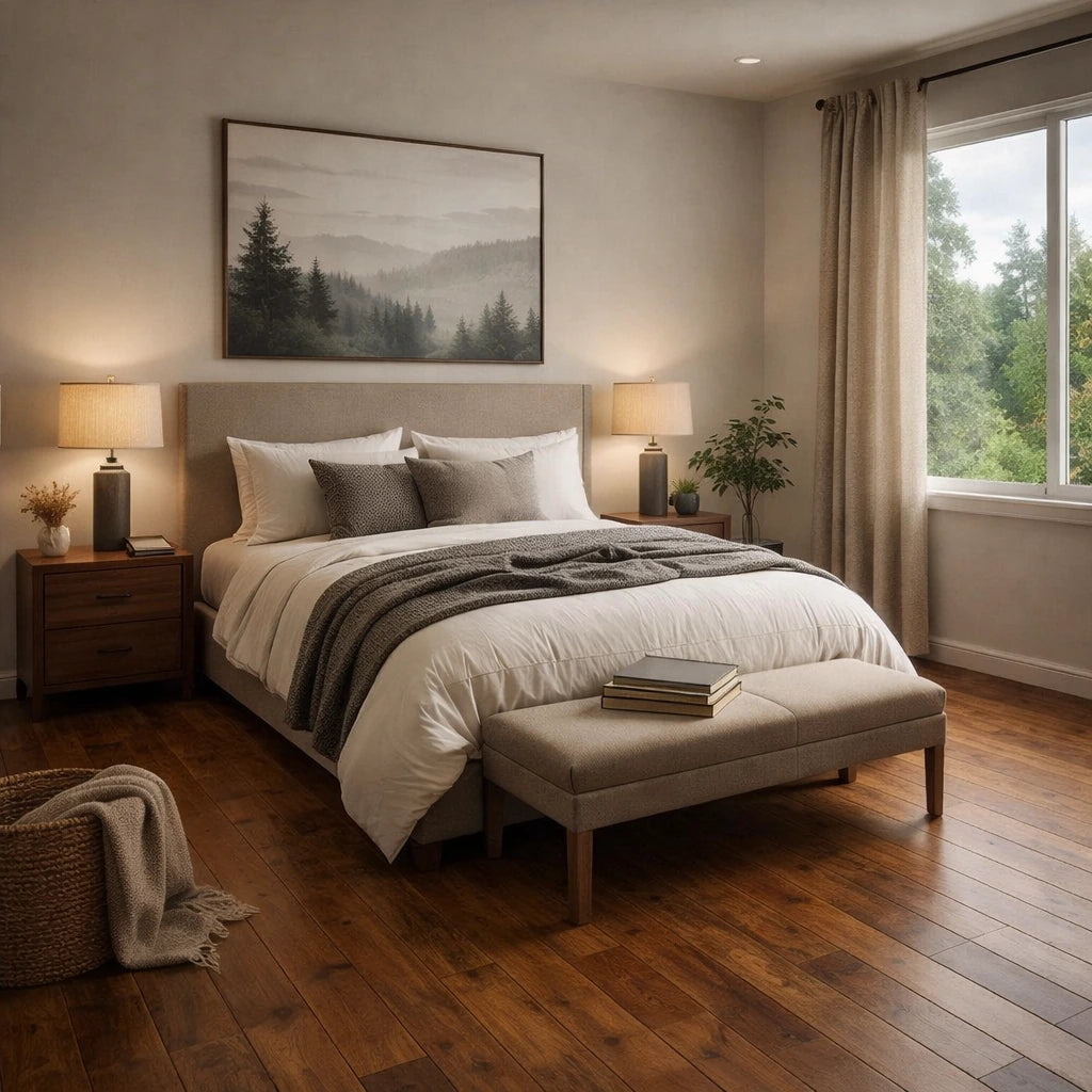 Cozy bedroom with a bed, nightstands, and a large window.