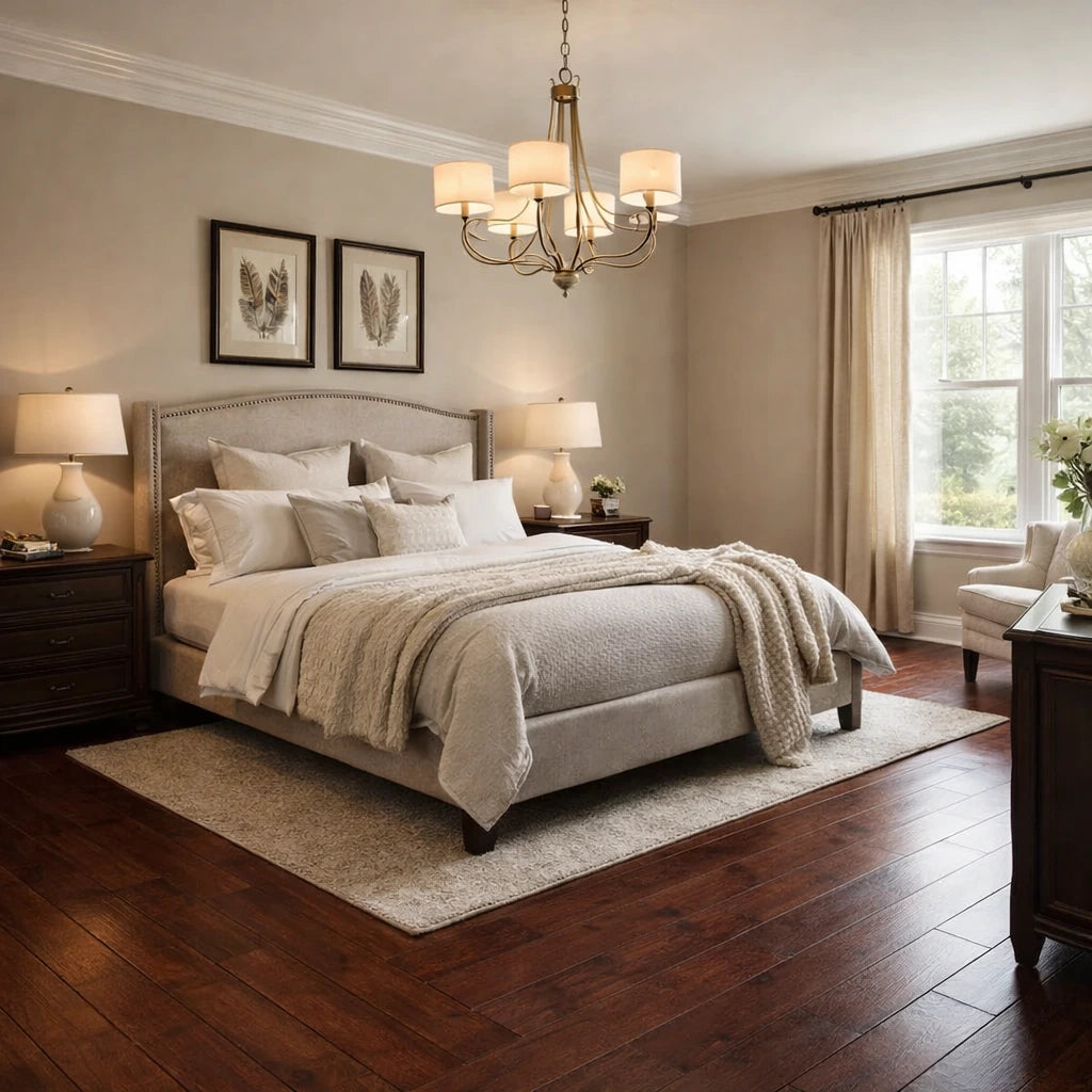 Neatly made bed in a bedroom with wooden floors and a chandelier.