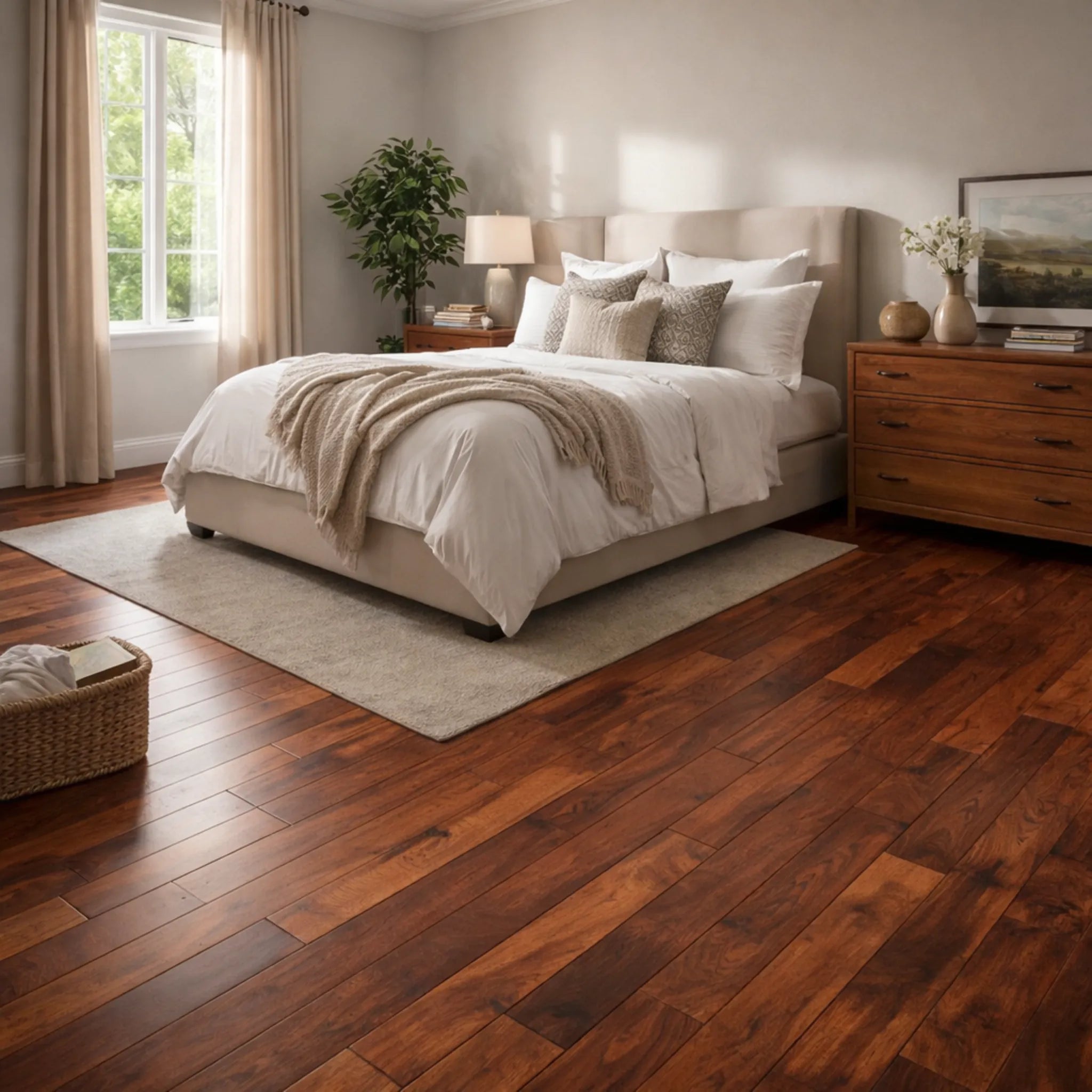 Neatly arranged bedroom with wooden flooring, bed, and decor.