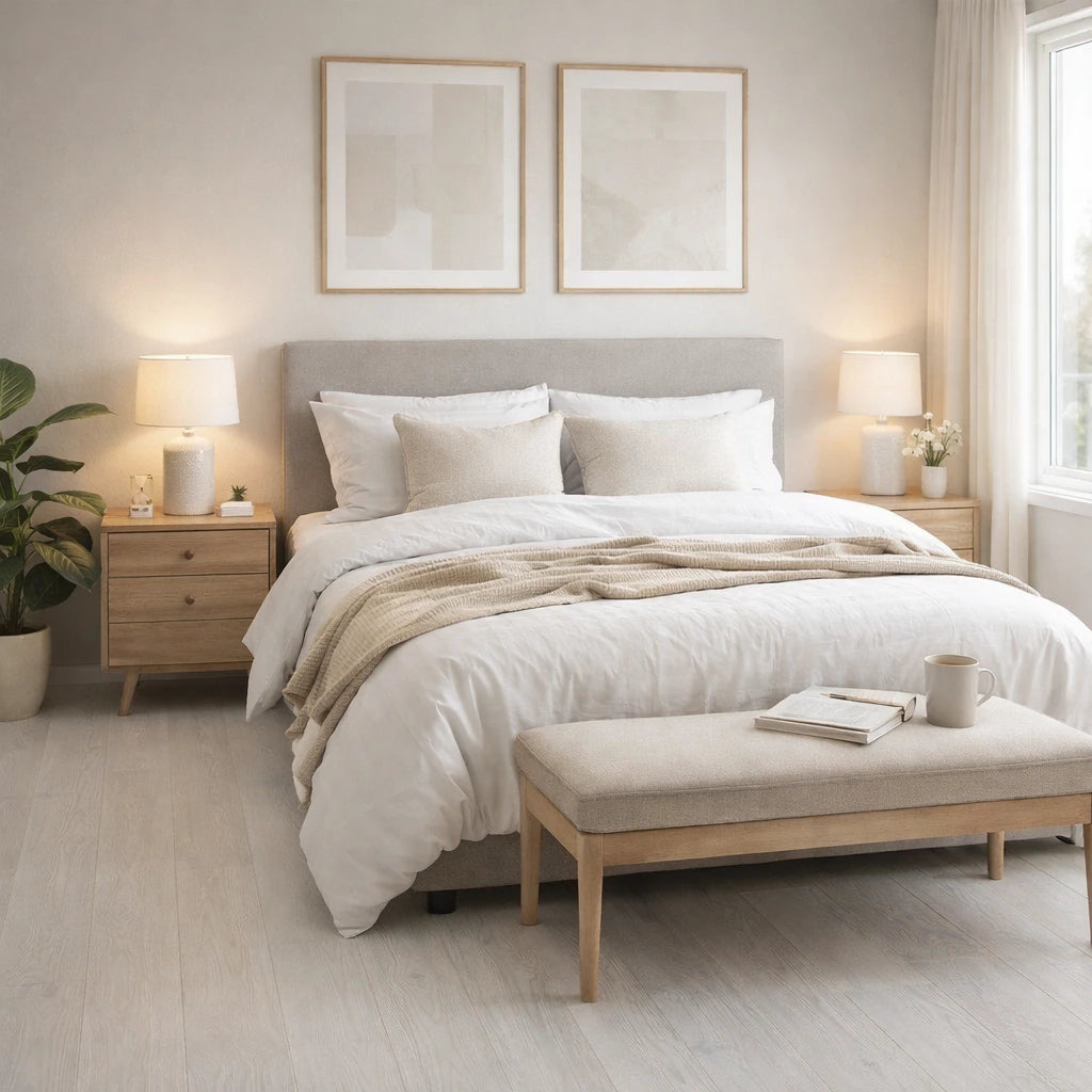 Neatly made bed in a bedroom with light wood furniture and decor.