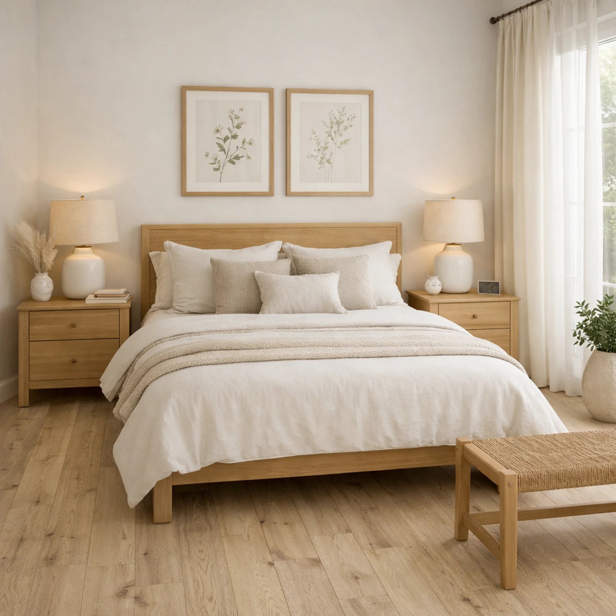 Neatly made bed in a bedroom with wooden furniture and decor