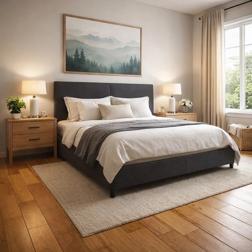 Neatly made bed in a bedroom with two lamps, nightstands, and a painting on the wall.