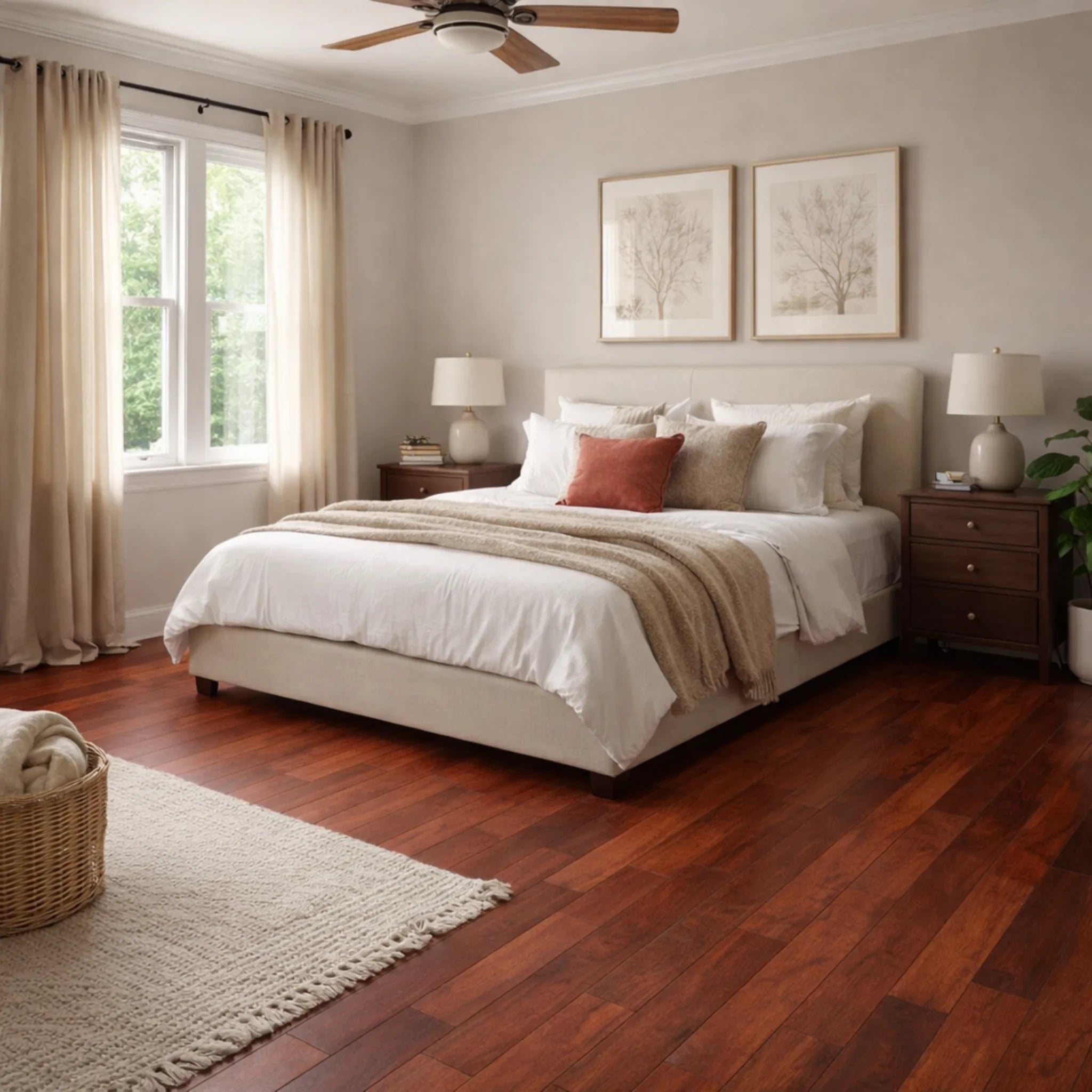 Neatly made bed in a bedroom with wooden flooring and large windows.