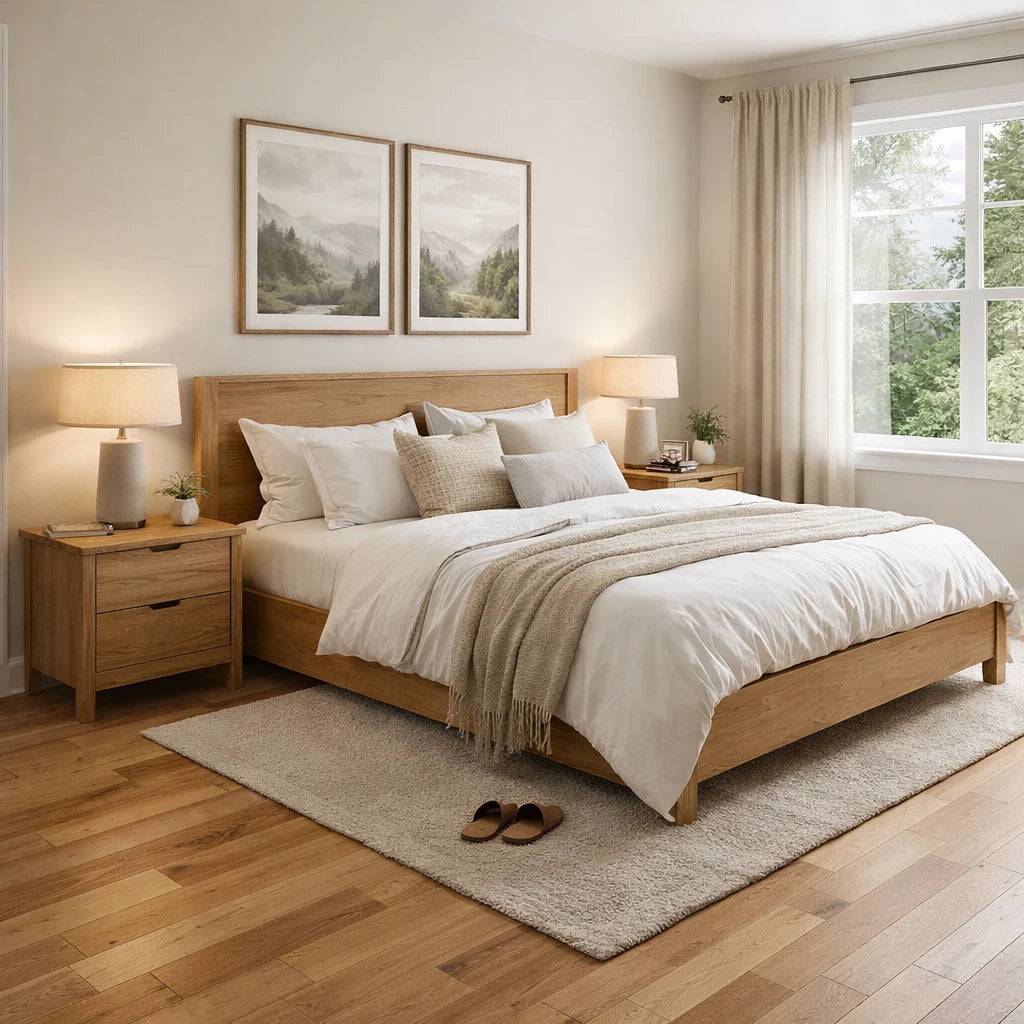 Neatly arranged bedroom with wooden bed, nightstands, and decor.