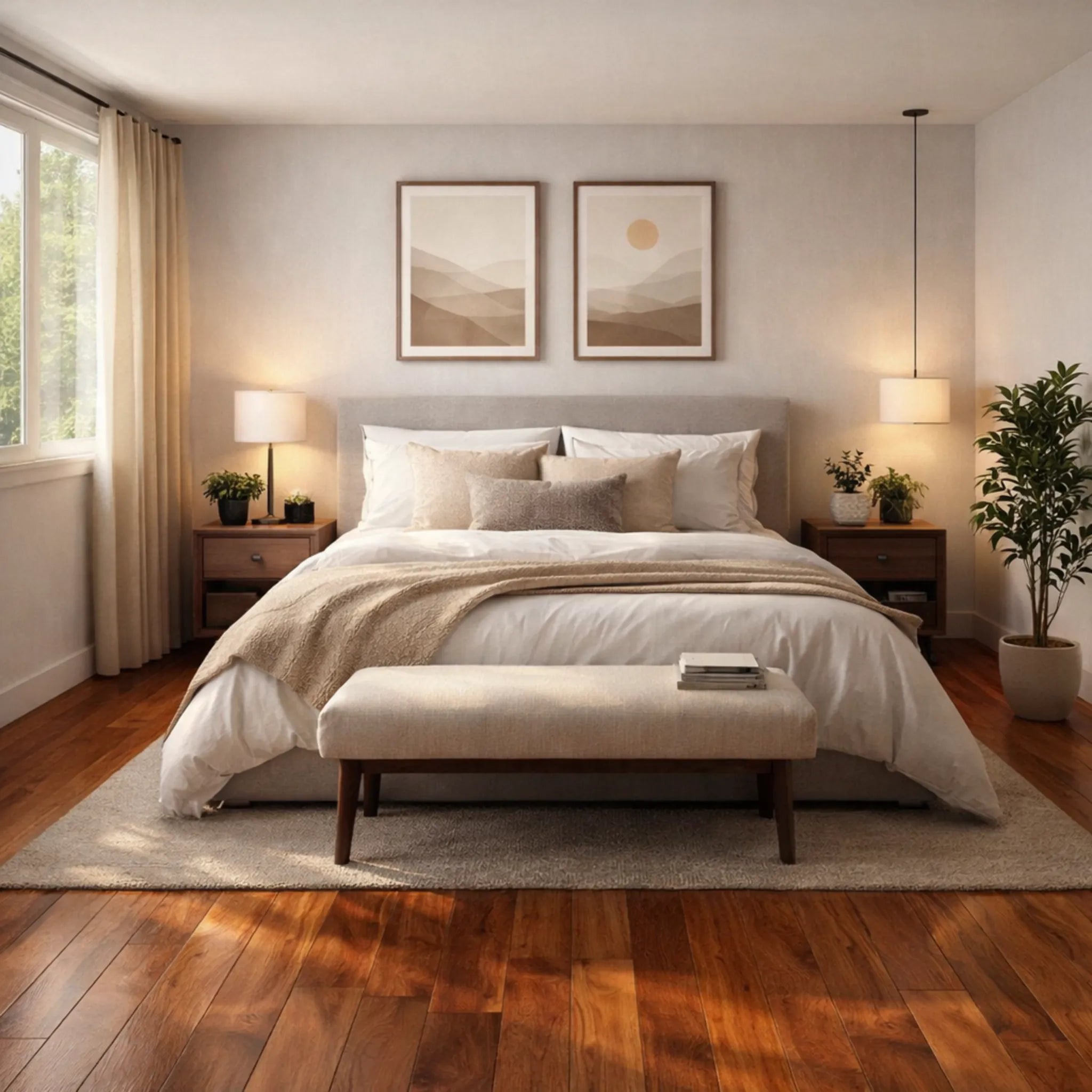 Modern bedroom with a bed, nightstands, and decor elements.