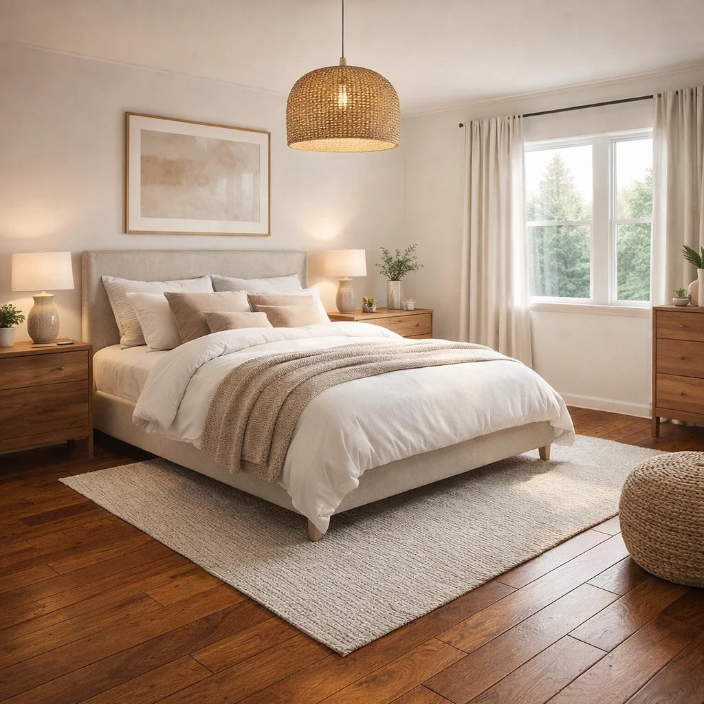 Neatly made bed in a bedroom with wooden floors and a large window.