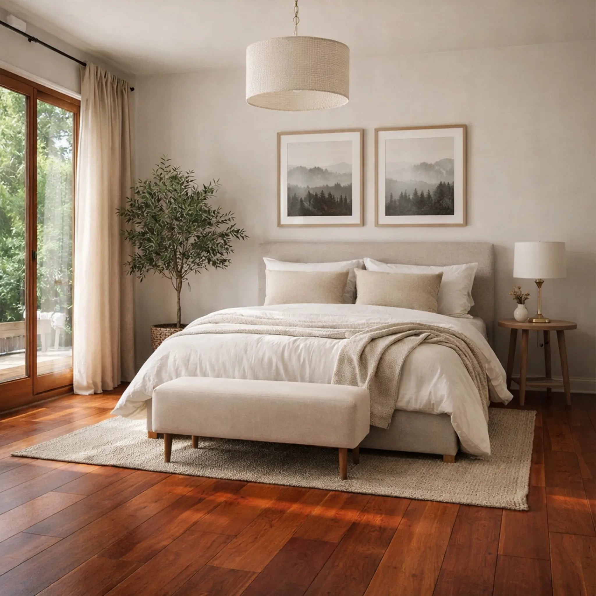 Modern bedroom with a bed, ottoman, and framed artwork on the wall.