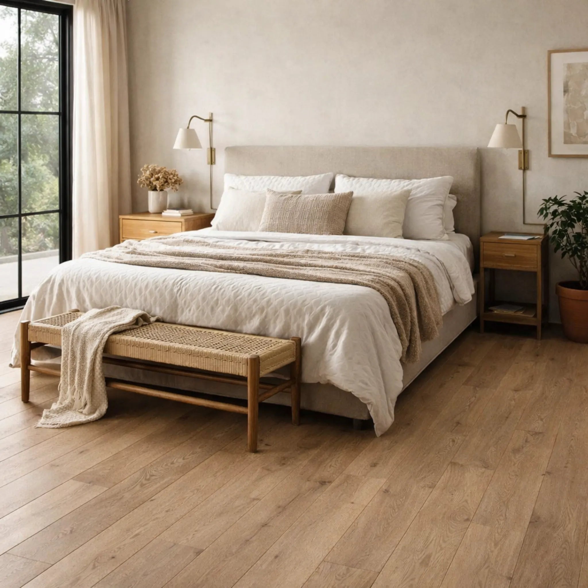 Neatly made bed in a bedroom with wooden flooring and large windows.