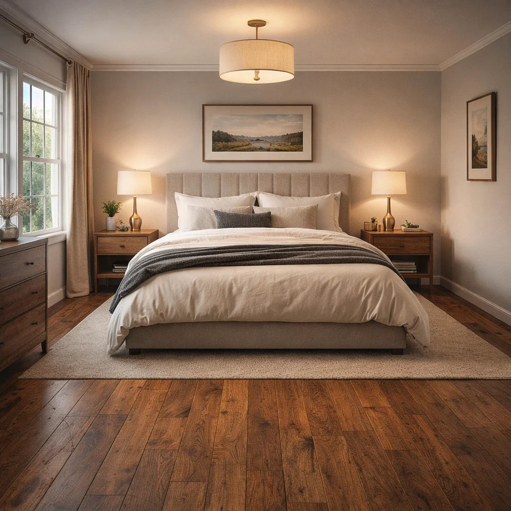 Neatly made bed in a bedroom with wooden flooring and framed artwork on the walls.