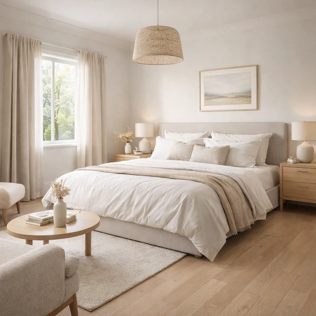 Neatly arranged bedroom with a bed, side tables, and decor.
