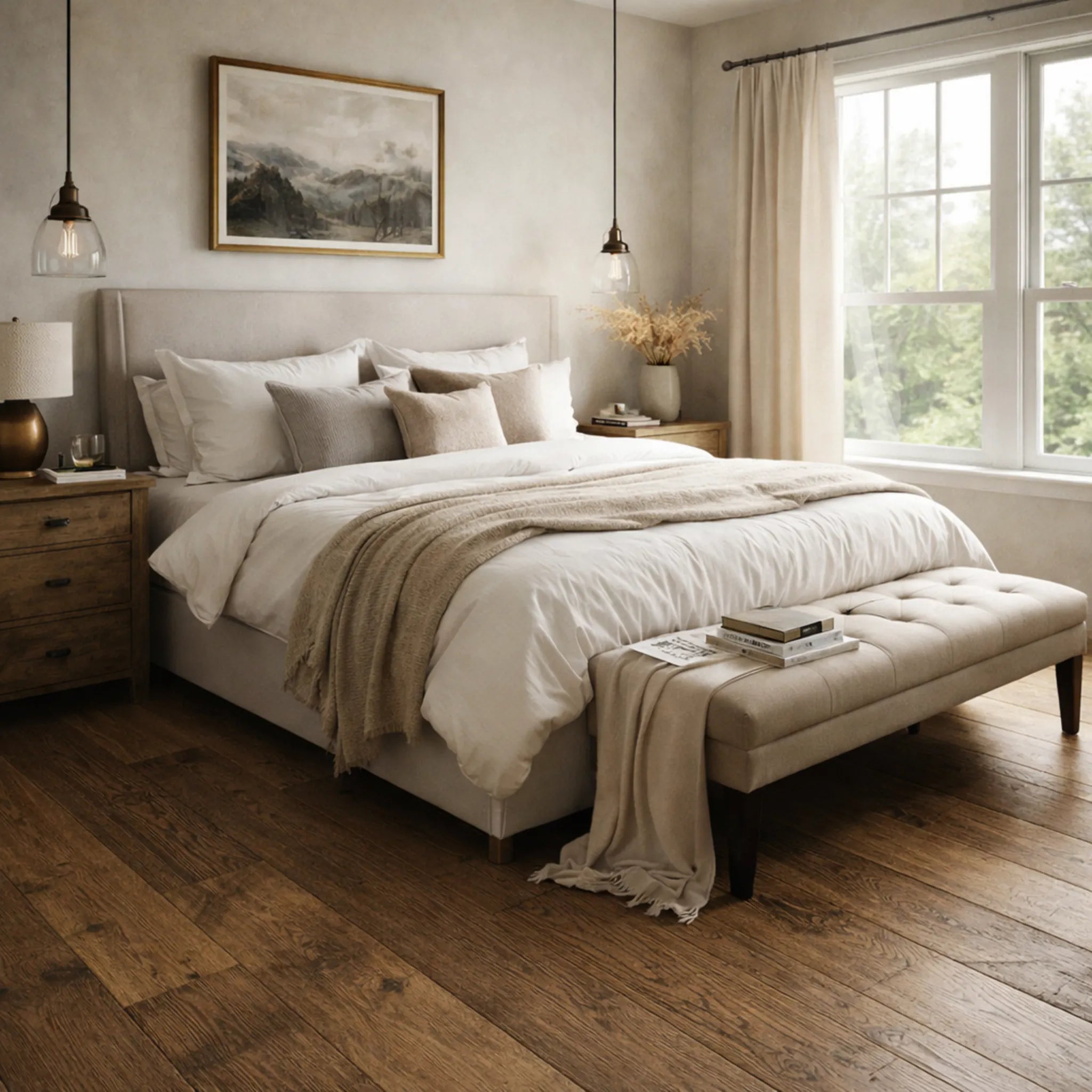 Neatly made bed in a bedroom with wooden flooring and large windows.