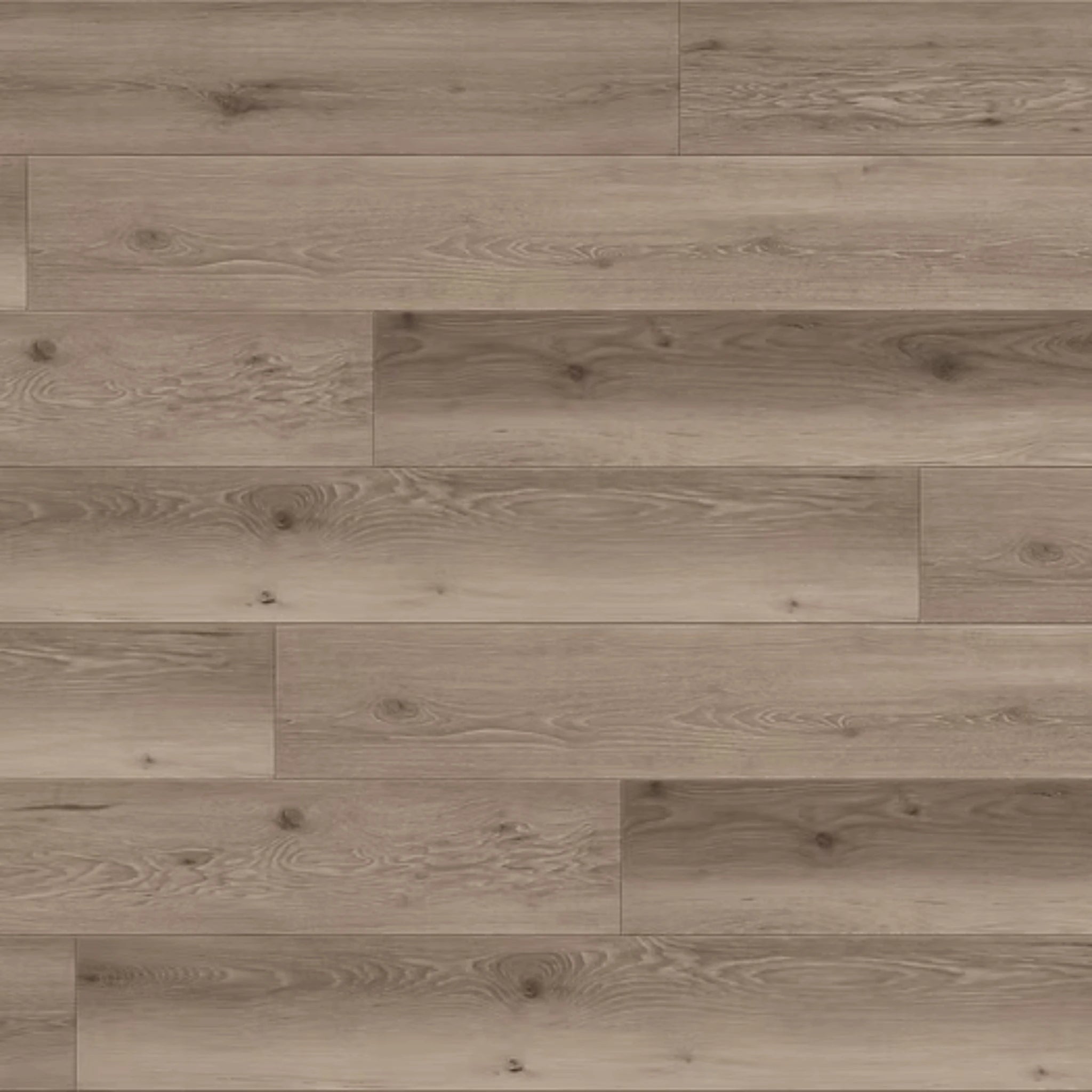 Light gray-brown wood plank flooring with visible grain, knots, and staggered plank layout.