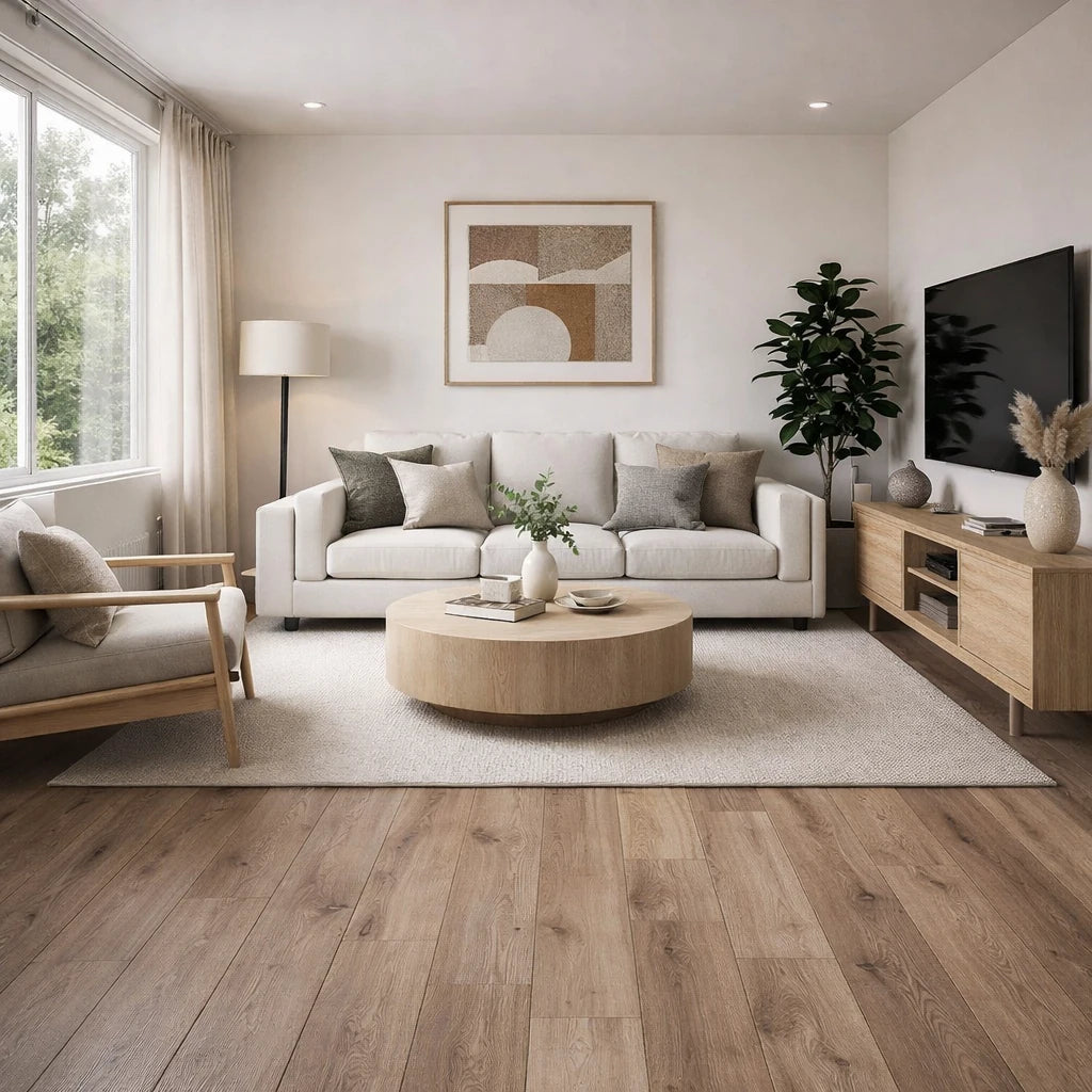 A modern, bright living room featuring light oak wood plank flooring, a white sofa with gray and beige pillows, a round light wood coffee table, and a large abstract art print on the wall.