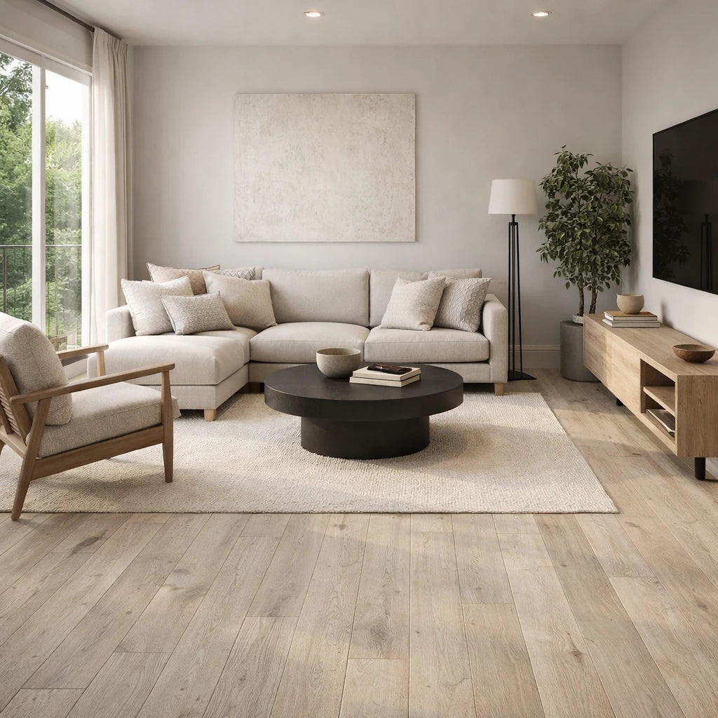 Modern living room with a sectional sofa, armchair, coffee table, and TV.