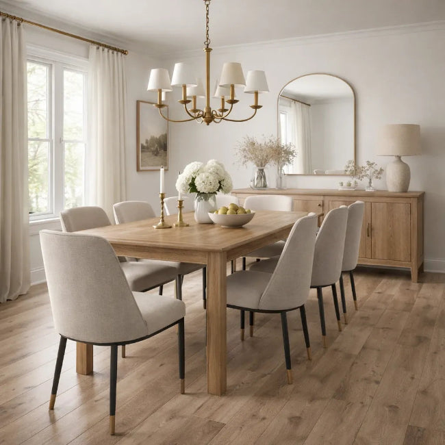 A dining room scene showing a light wood dining table with six upholstered dining chairs, set in a bright, modern dining room with a wooden sideboard, chandelier, and large windows.