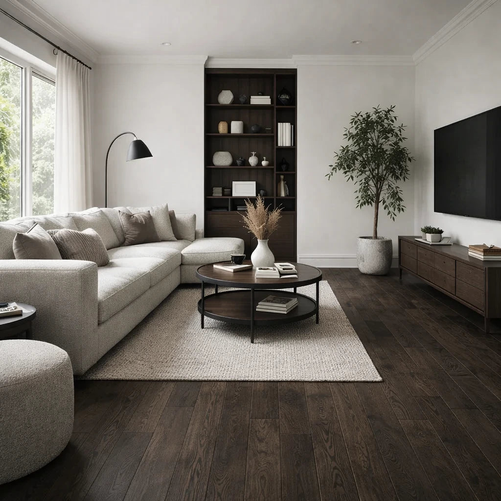 Modern living room with a sectional sofa, coffee table, and bookshelf.