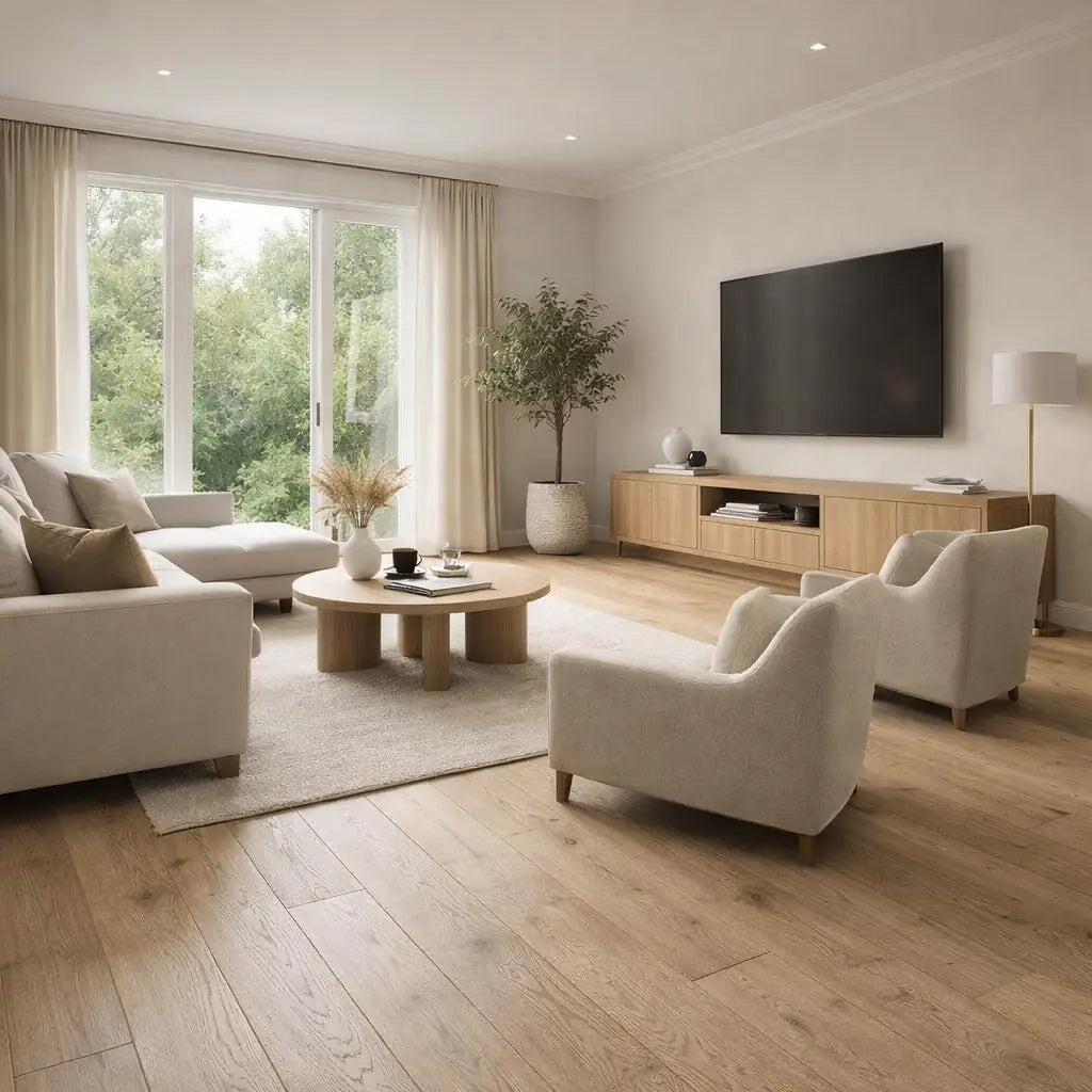Modern living room with beige sofa, coffee table, and TV.