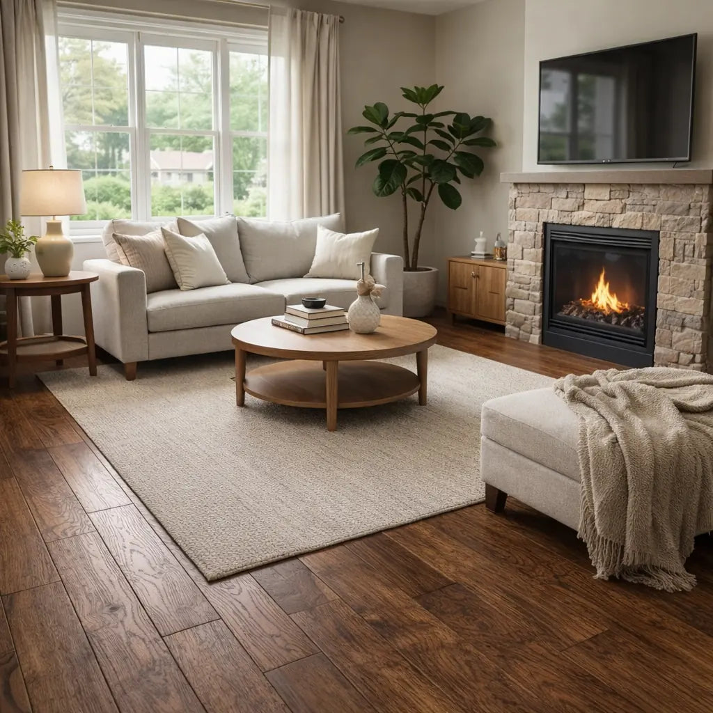 Cozy living room with a fireplace, sectional sofa, and wooden coffee table.