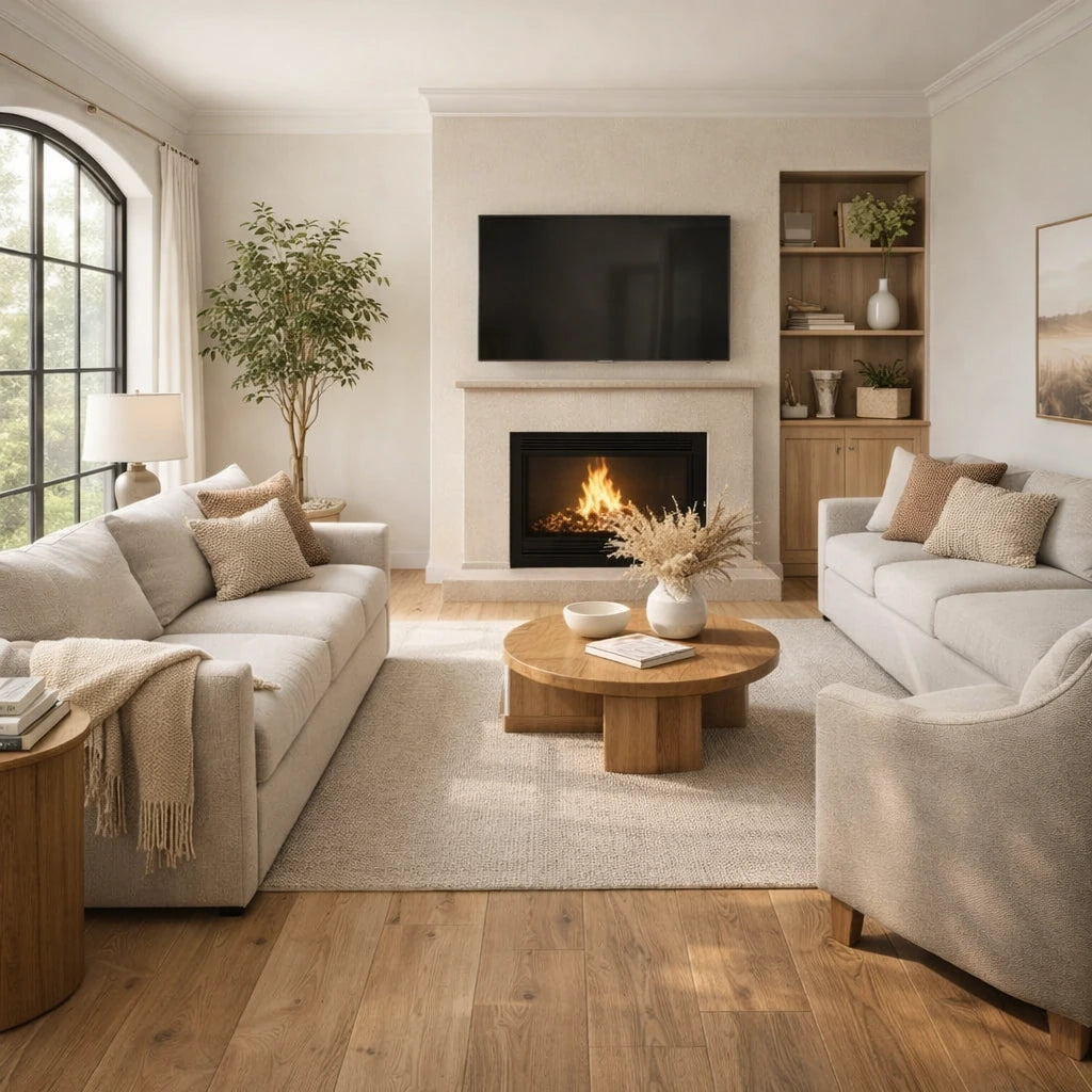 Modern living room with beige sofas, a wooden coffee table, and a fireplace.