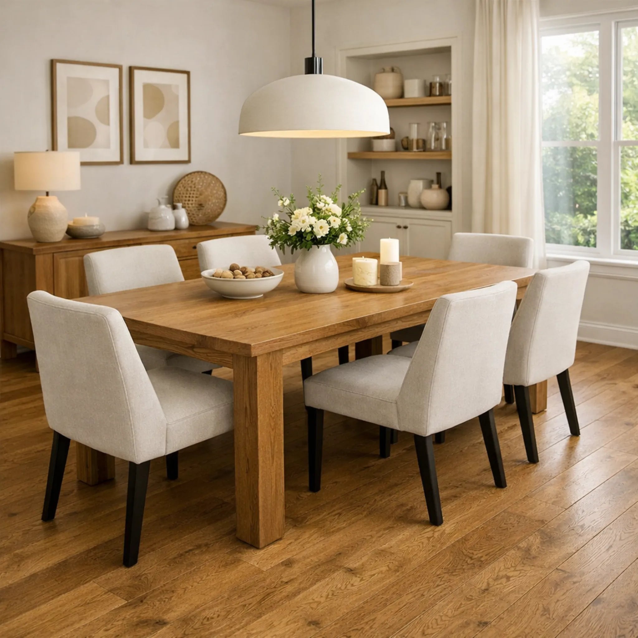 Dining room with wooden table and white chairs, featuring a vase of flowers and candles.
