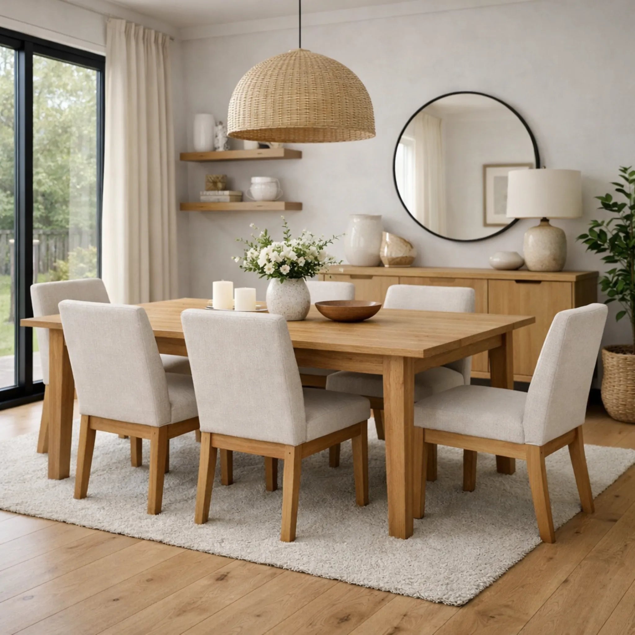 Dining room with wooden table and chairs, decorative elements, and natural light.
