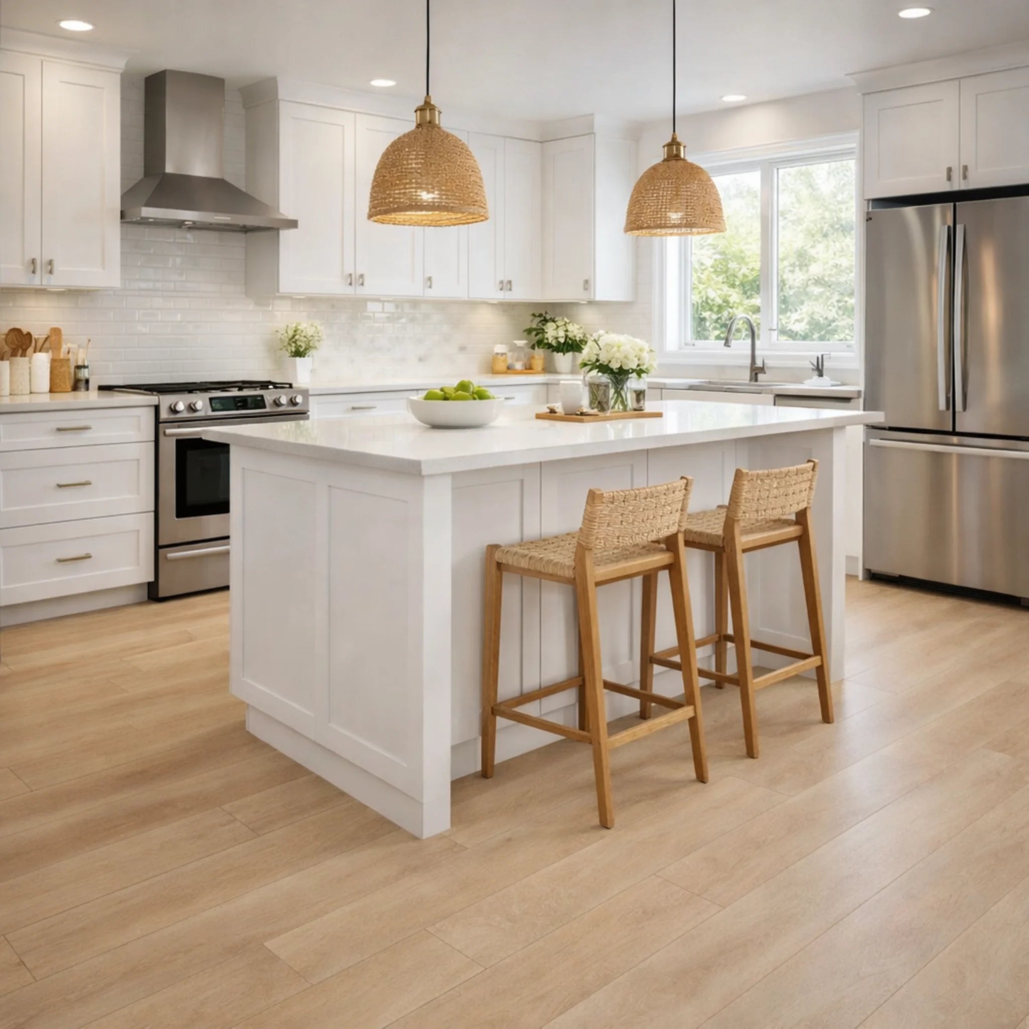 Modern kitchen with white island, wooden stools, and stainless steel appliances.