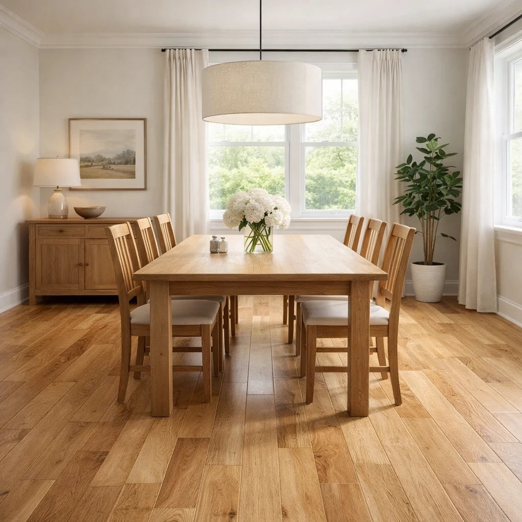 Dining room with wooden table and chairs on a wooden floor, natural light coming through windows.