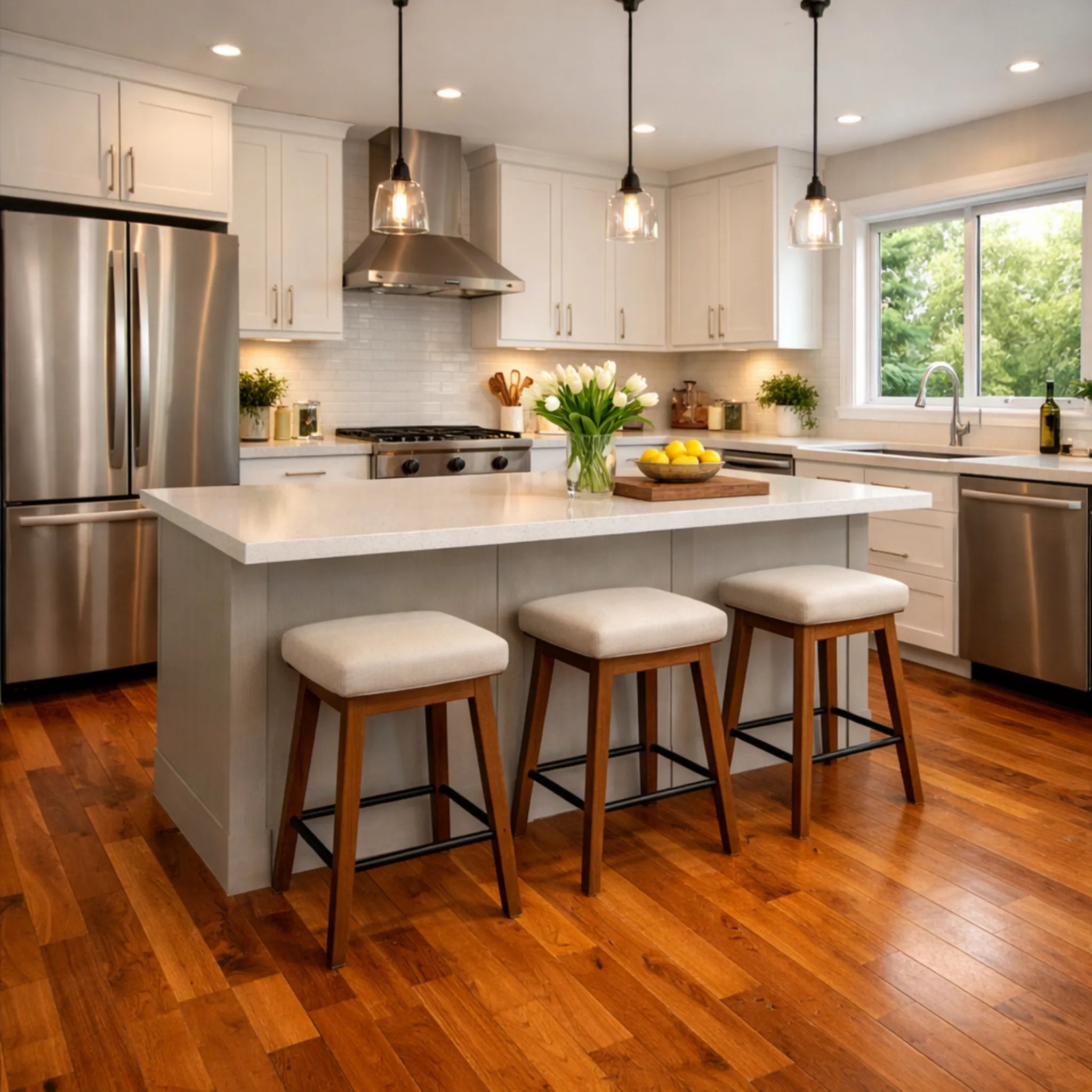 Modern kitchen with stainless steel appliances, white countertops, and wooden flooring.