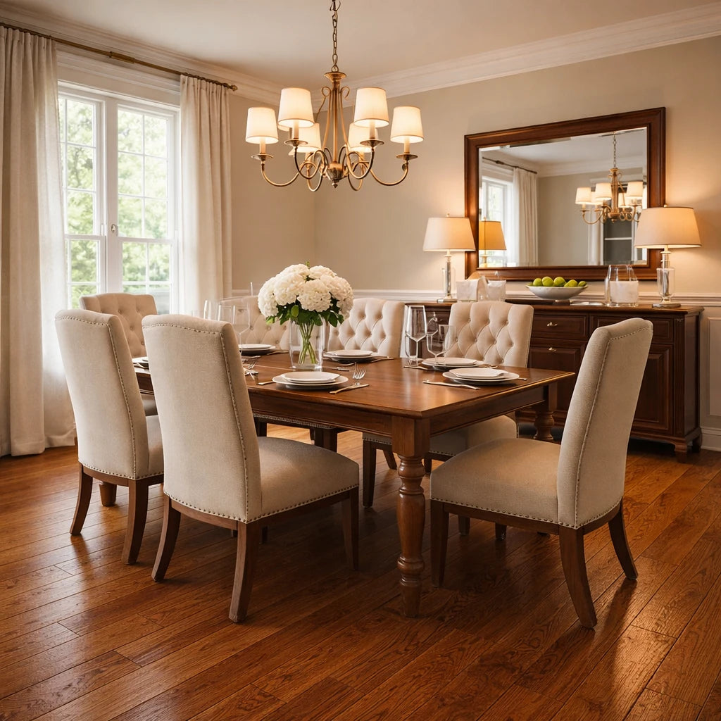Dining room with wooden table and chairs, chandelier, and large mirror.