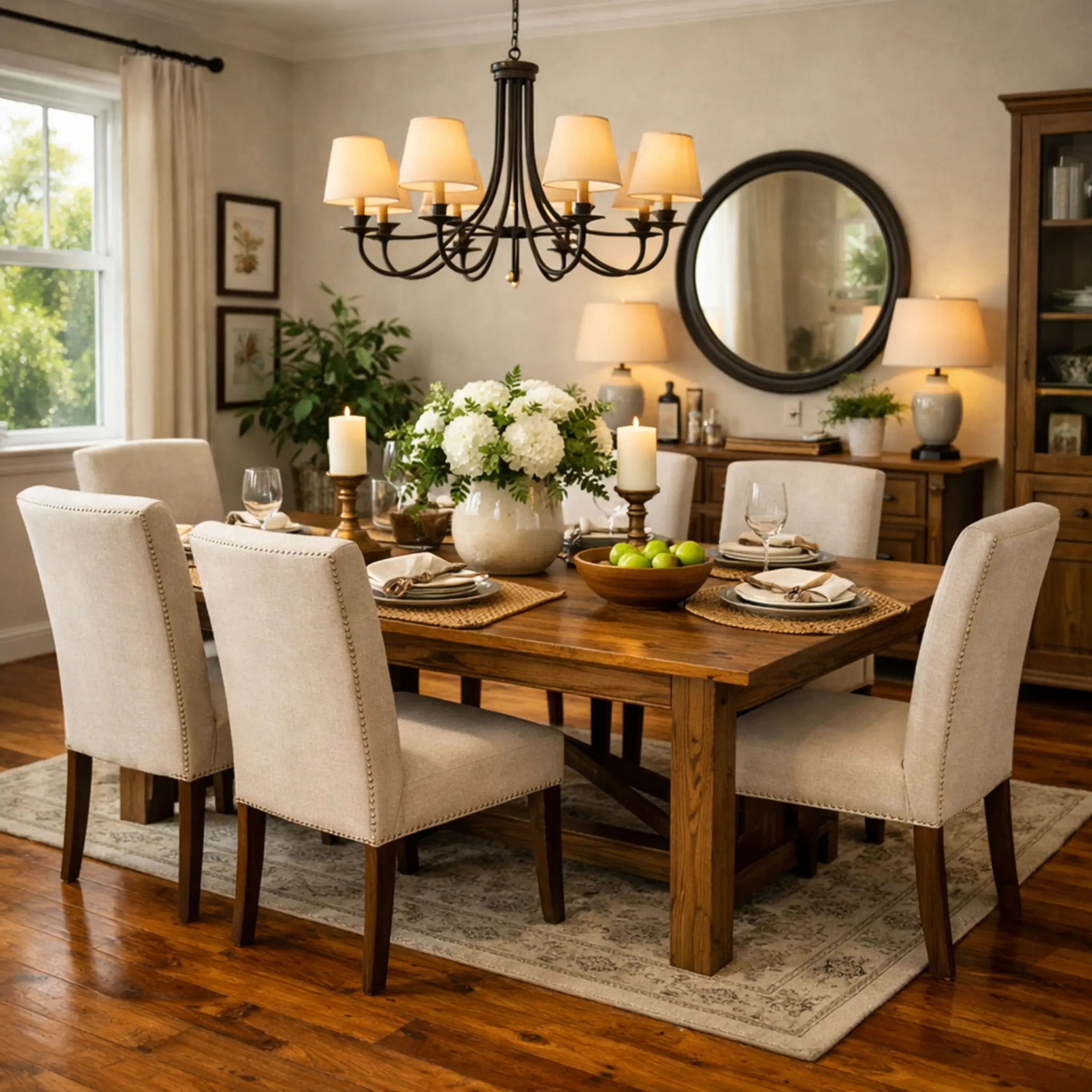 Dining room with wooden table, chairs, and decorative elements.