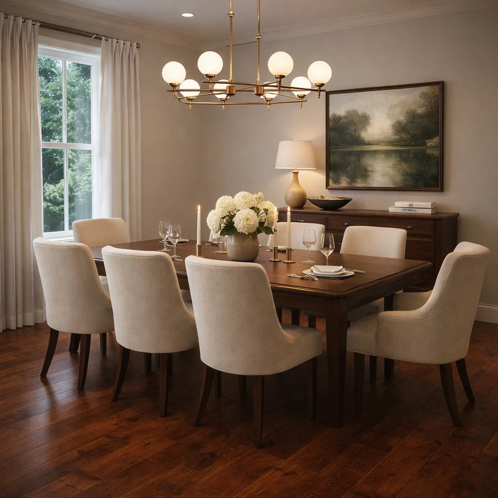 Dining room with wooden table, white chairs, and a chandelier.