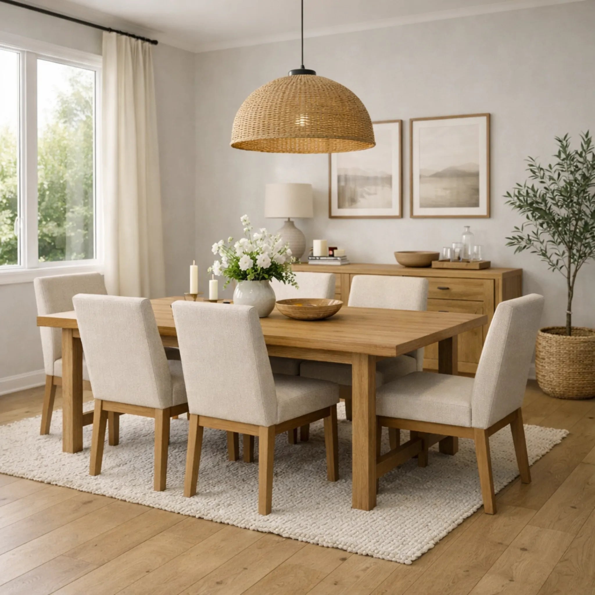 Dining room with wooden table and chairs, wicker pendant light, and framed artwork.