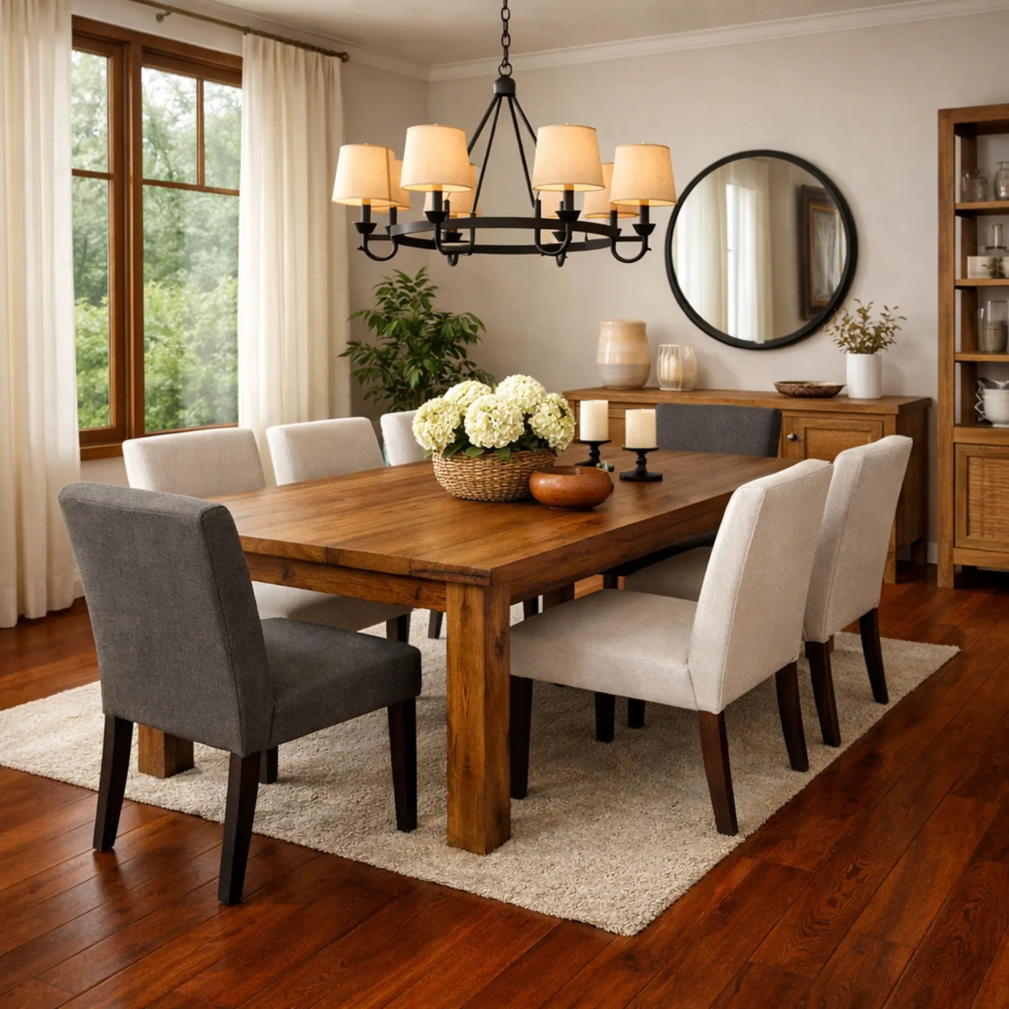 Dining room with wooden table and chairs, chandelier, and large mirror.